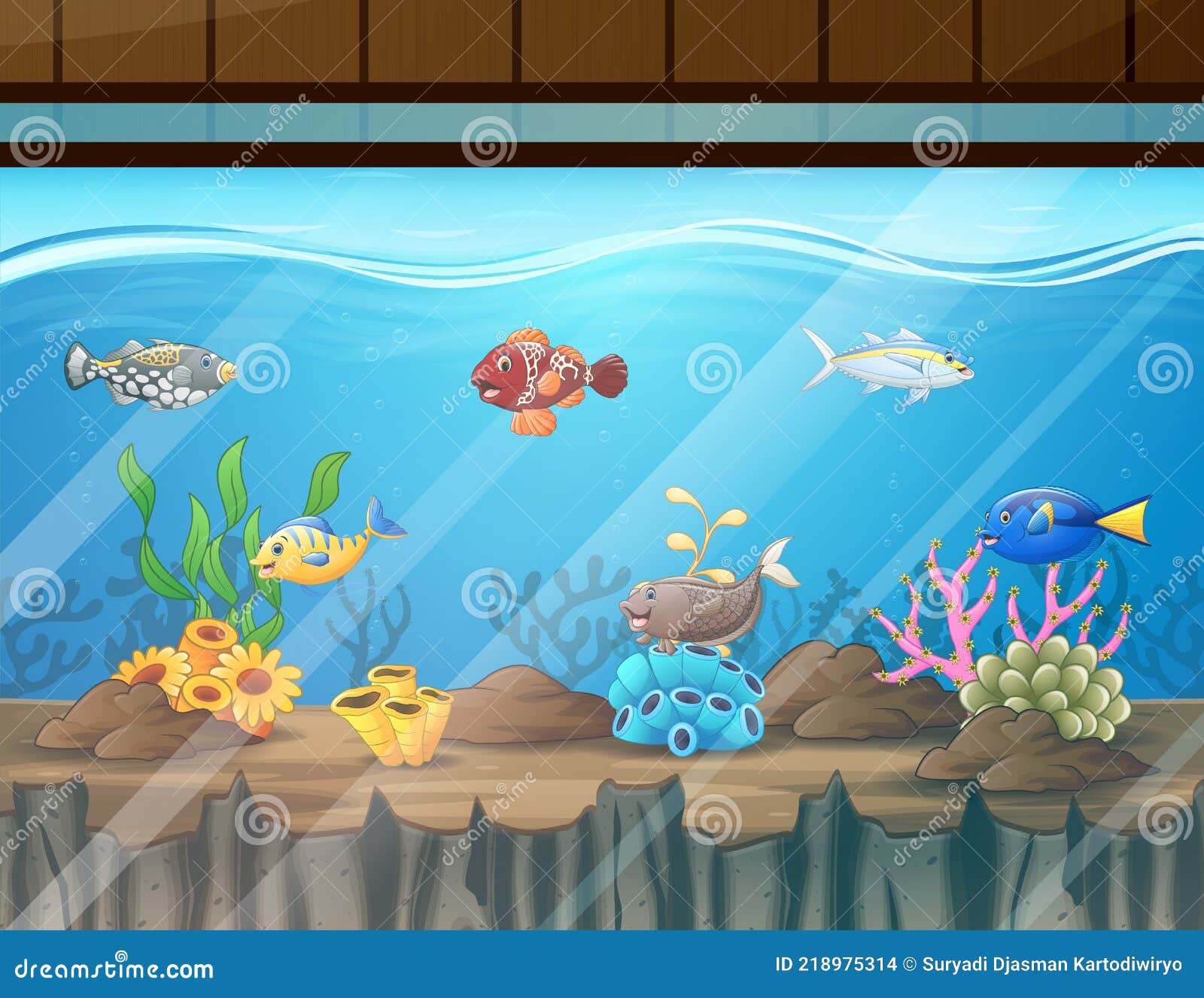 Cartoon Freshwater Fishes In Tank Aquarium Vector Illustration. Exotic Cartoon Fish In Aquarium
