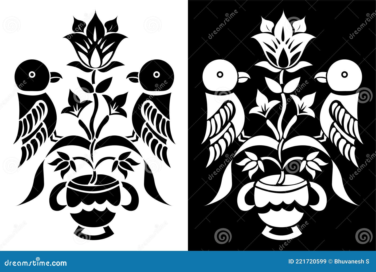 indian traditional and cultural rangoli, alpona, mandala or kolam  concept of two parrots sitting on a plant