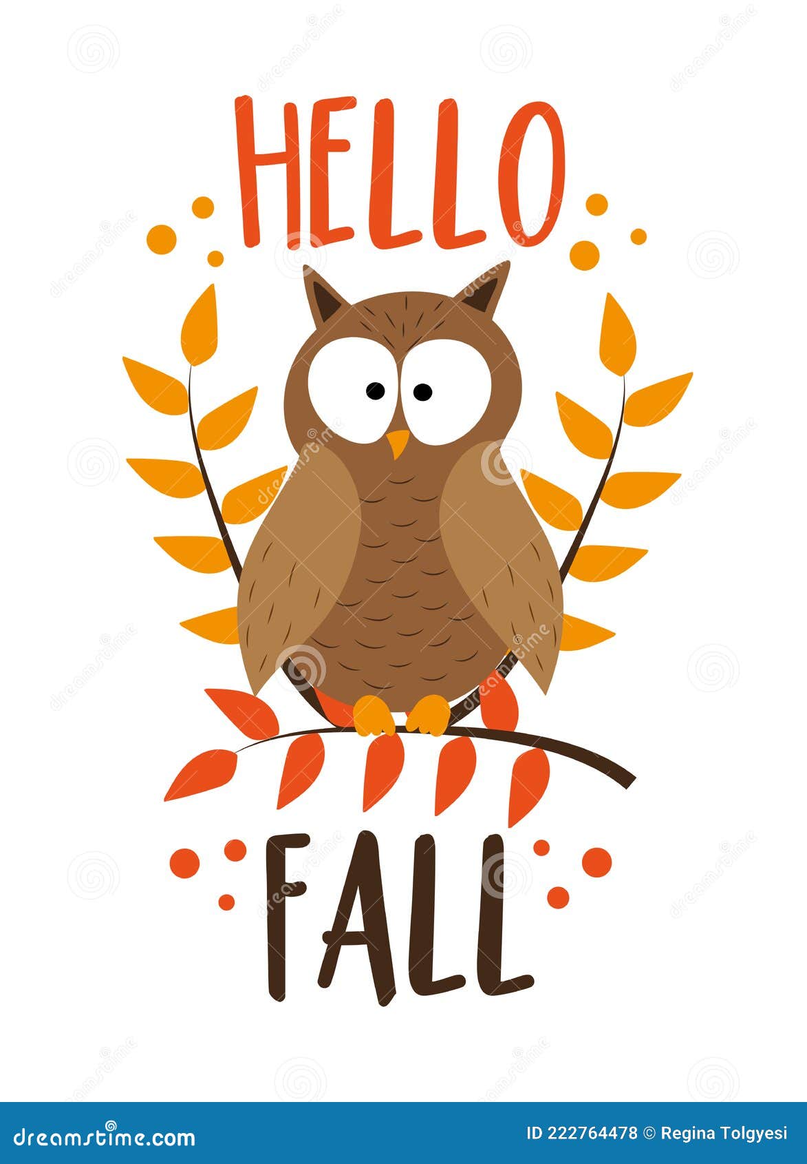 Hello Fall - Autumnal Greeting with Owl on Branch. Stock Vector ...
