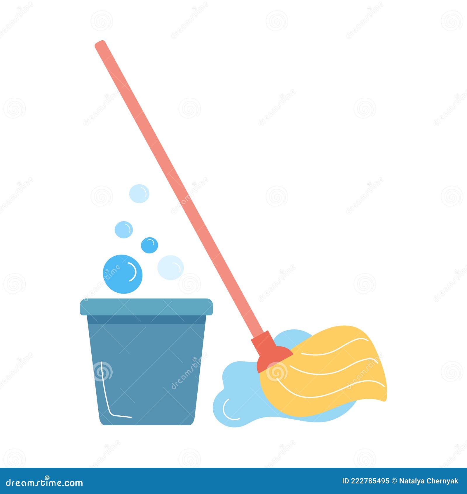 Color Set of Mop, Bucket with Water Bubbles, Cartoon Image Isolated on