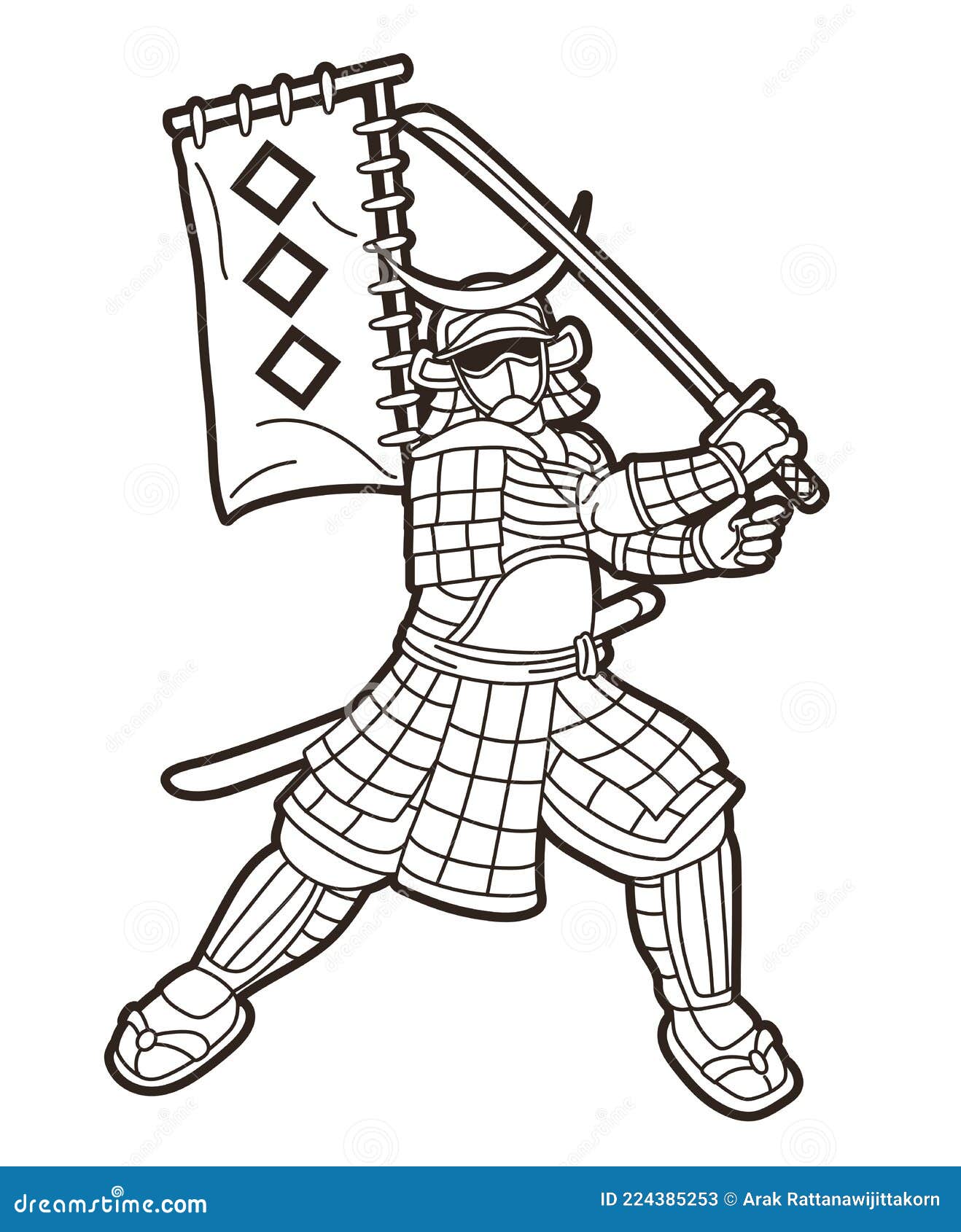 Samurai Warrior with Weapon and Armor Ronin Japanese Soldier Fighter Action Graphic Vector Stock