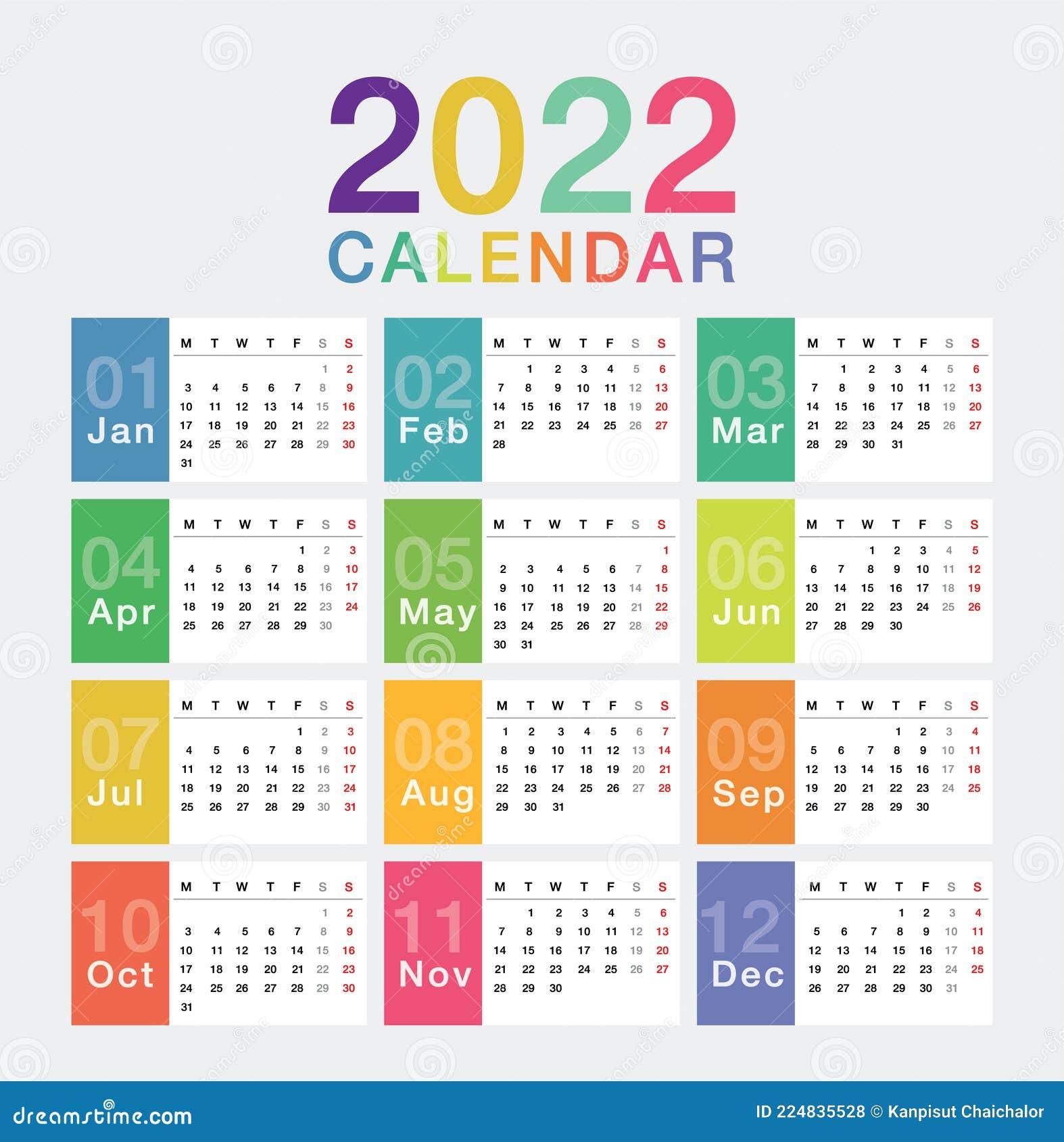 Colorful Calendar 2022 Colorful Year 2022 Calendar Horizontal Vector Design Template, Simple And  Clean Design. Calendar For 2022 On White Background For Stock Vector -  Illustration Of Banner, December: 224835528