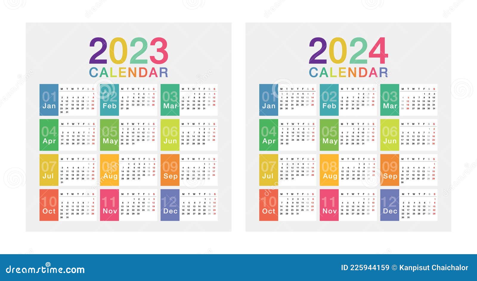 Colorful Year 2023 and Year 2024 Calendar Horizontal Vector Design  Template, Simple and Clean Design. Calendar for 2023 and 2024 O Stock  Vector - Illustration of element, 2022: 225944159