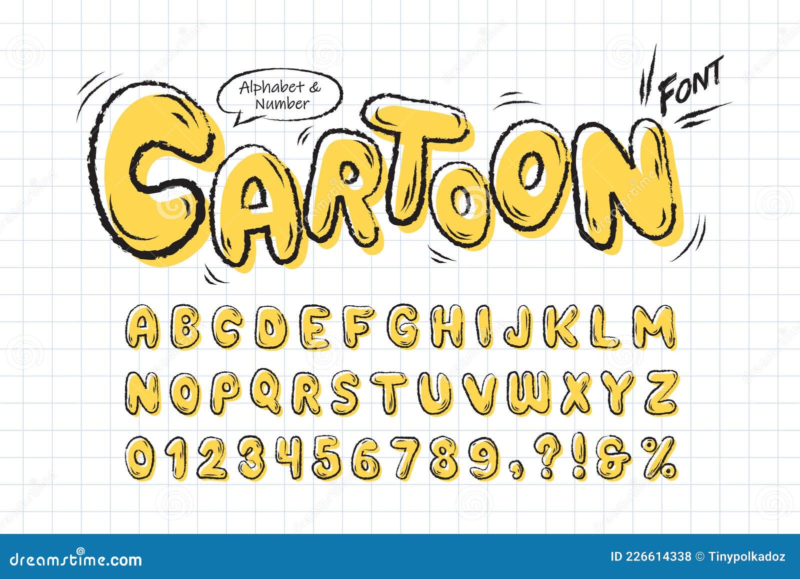 yellow cartoon font or comic doodle alphabet & number set