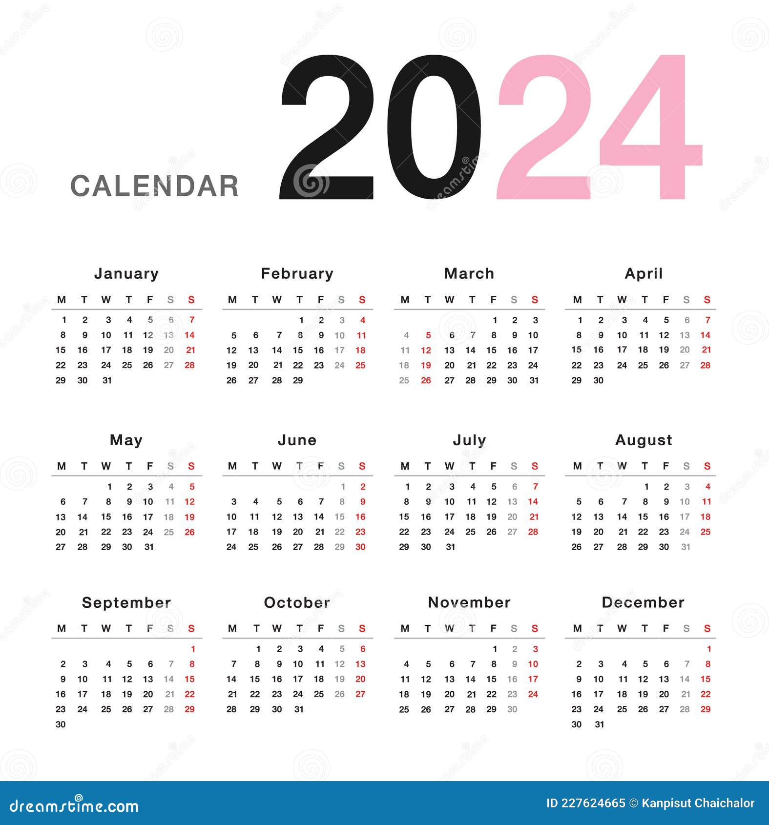 Colorful Year 2024 Calendar Horizontal Vector Design Template, Simple