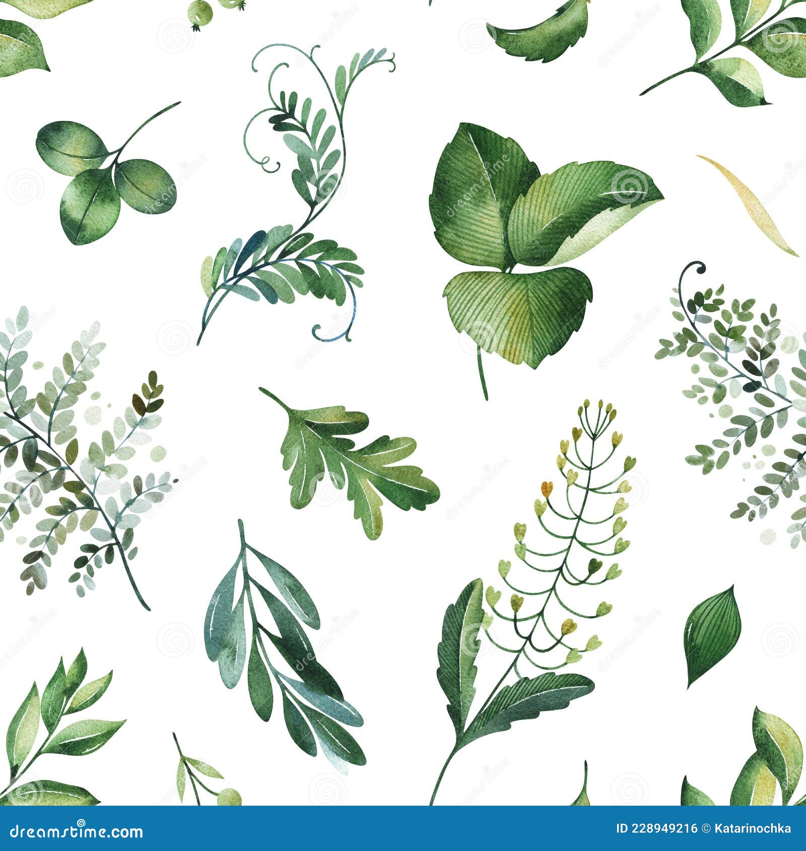 Watercolor Greenery Seamless Texture With Fern herb leaves branches watercolor-greenery-seamless-texture-with-fern-herb-leaves-branches
