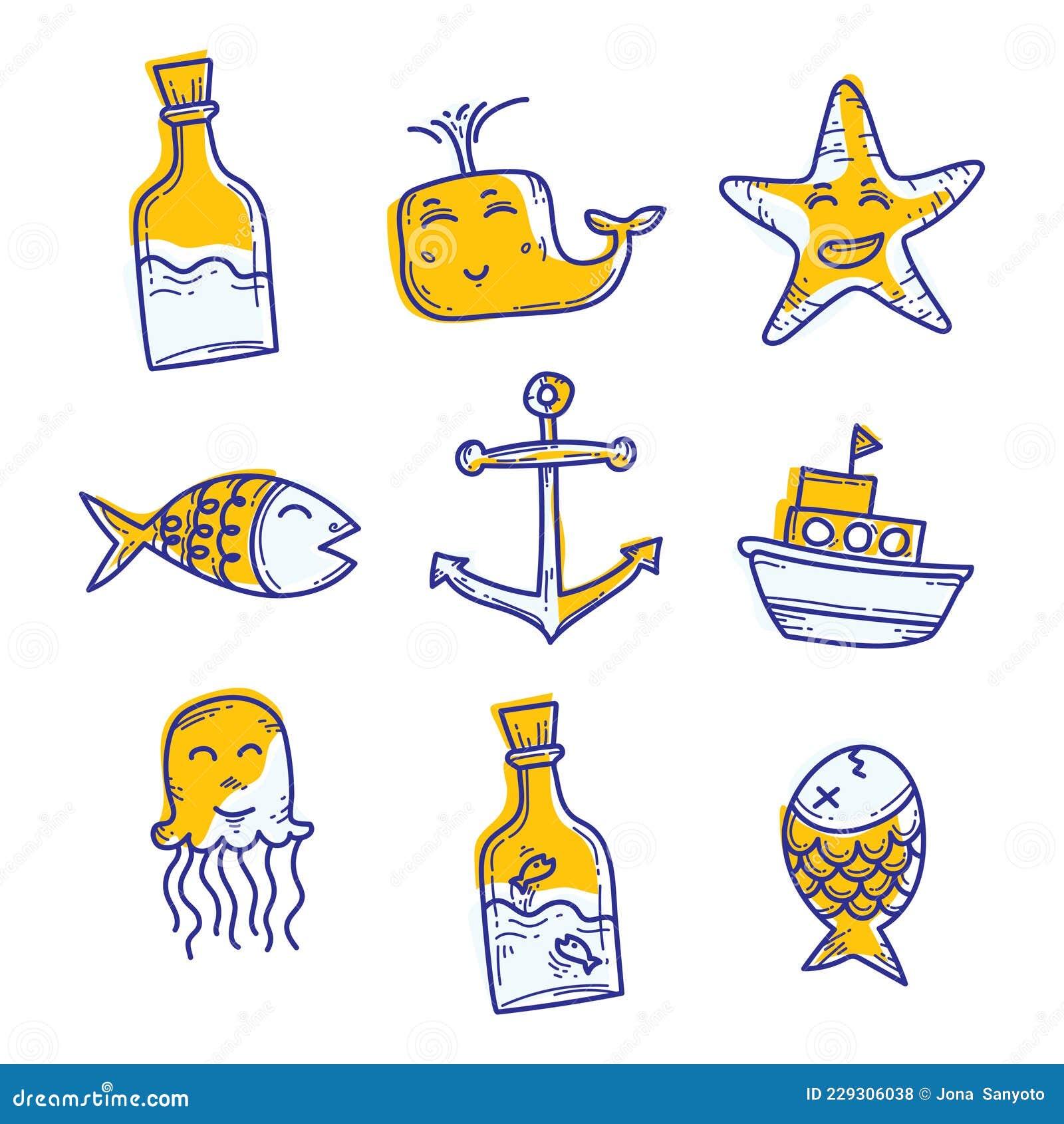 Sailor Ocean Stuff Doodle Funky Playful Illustration Set Stock
