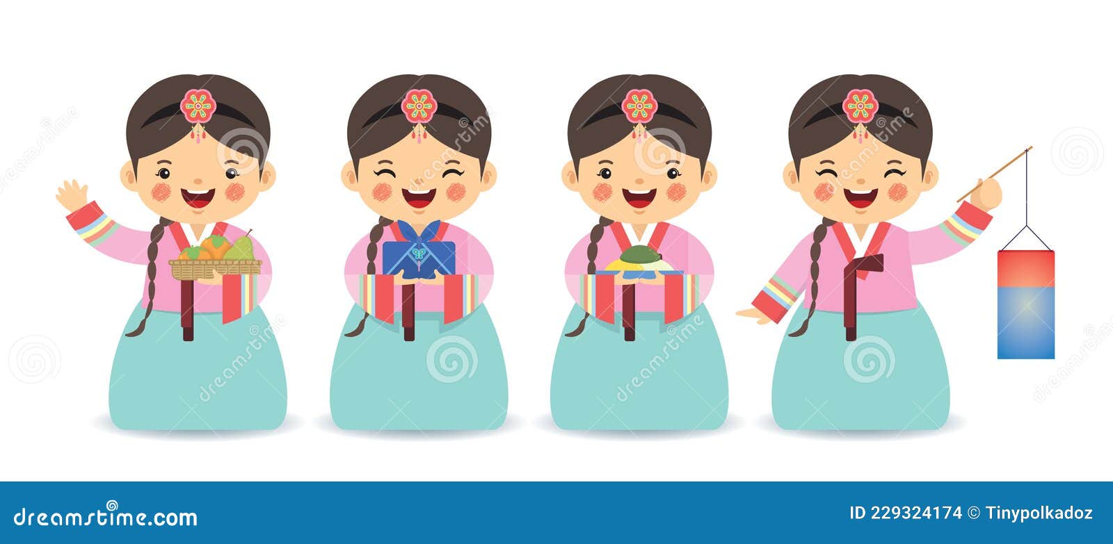 cartoon korean girl wearing hanbok with persimmons, gift, songpyeon & lantern