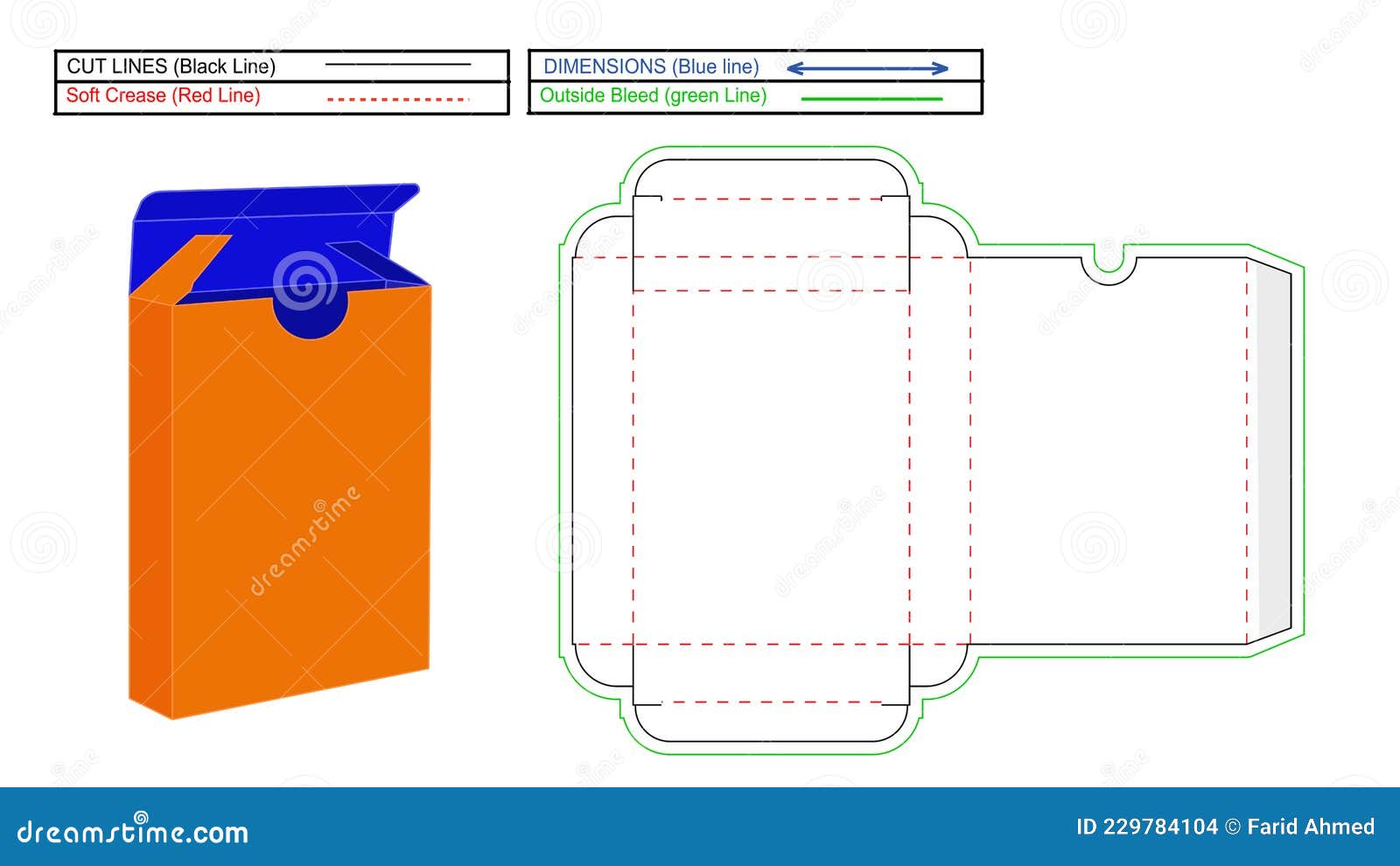 Tuck End Card Box Dieline Template and 3D Box Stock Vector