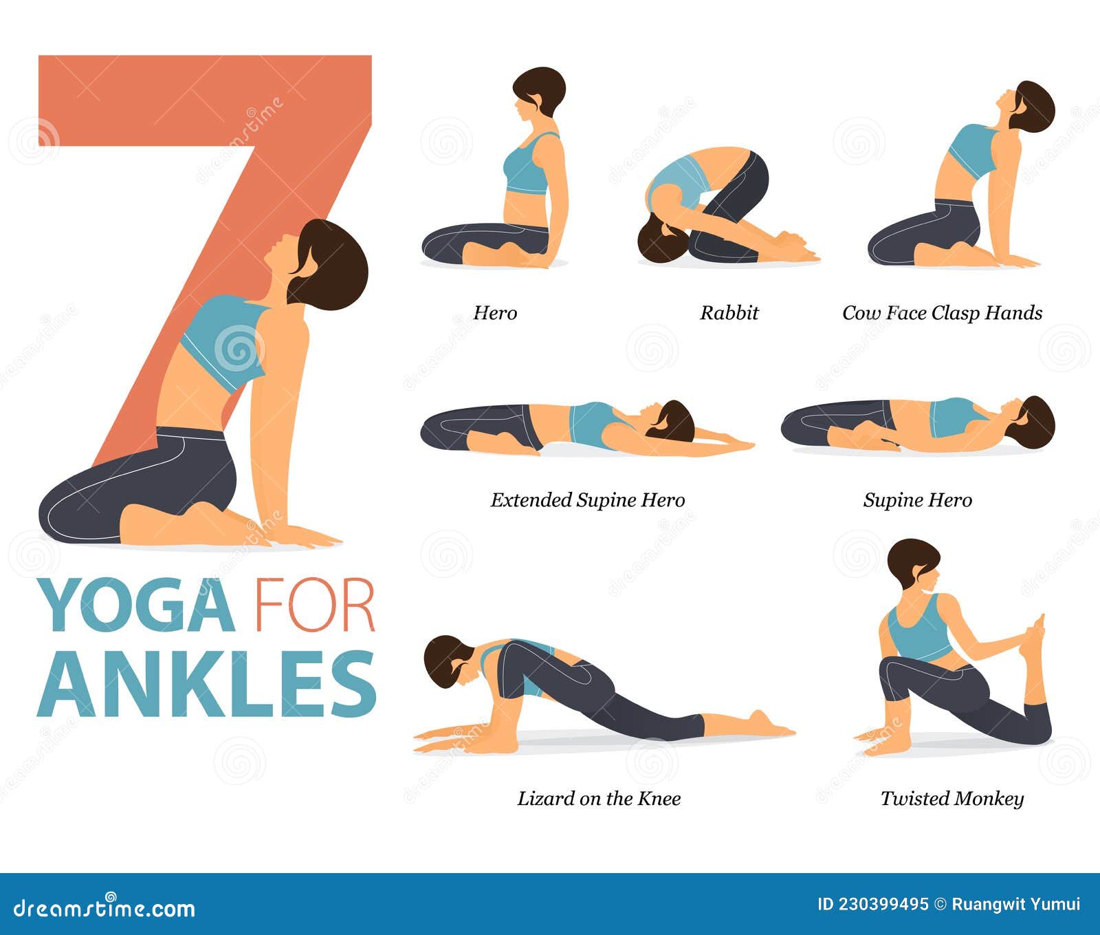 7 Yoga Poses or Asana Posture for Workout in Ankle Stretch Concept