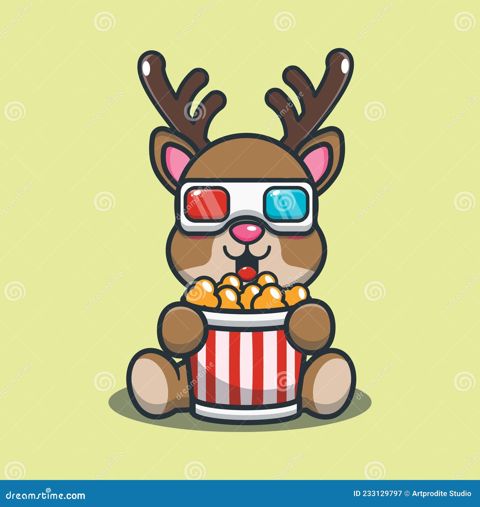 Cute Deer Eating Popcorn and Watch 3d Movie. Cute Animal Cartoon