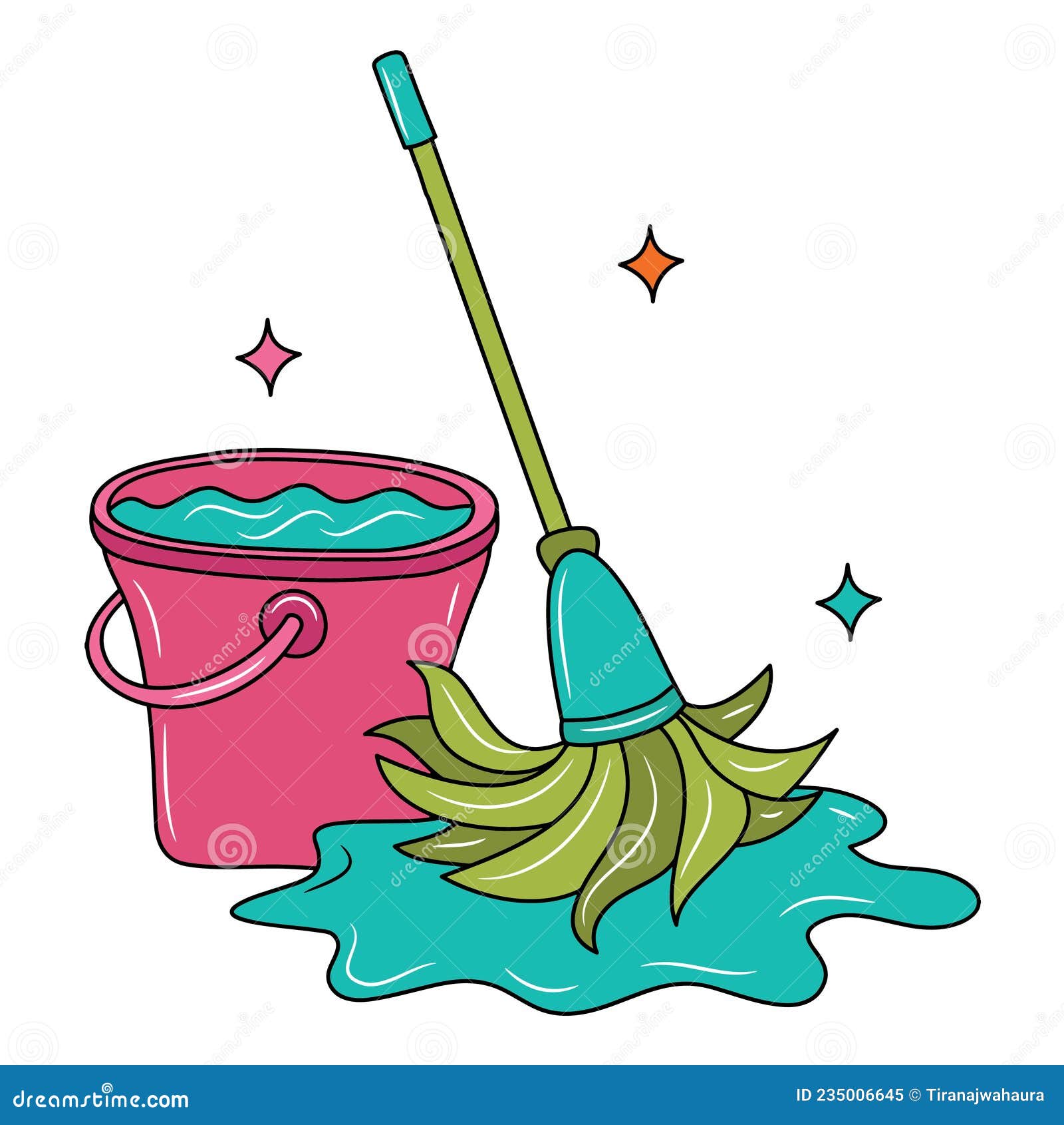 Mop and Bucket of Water, Colored Line Art Stock Vector Illustration