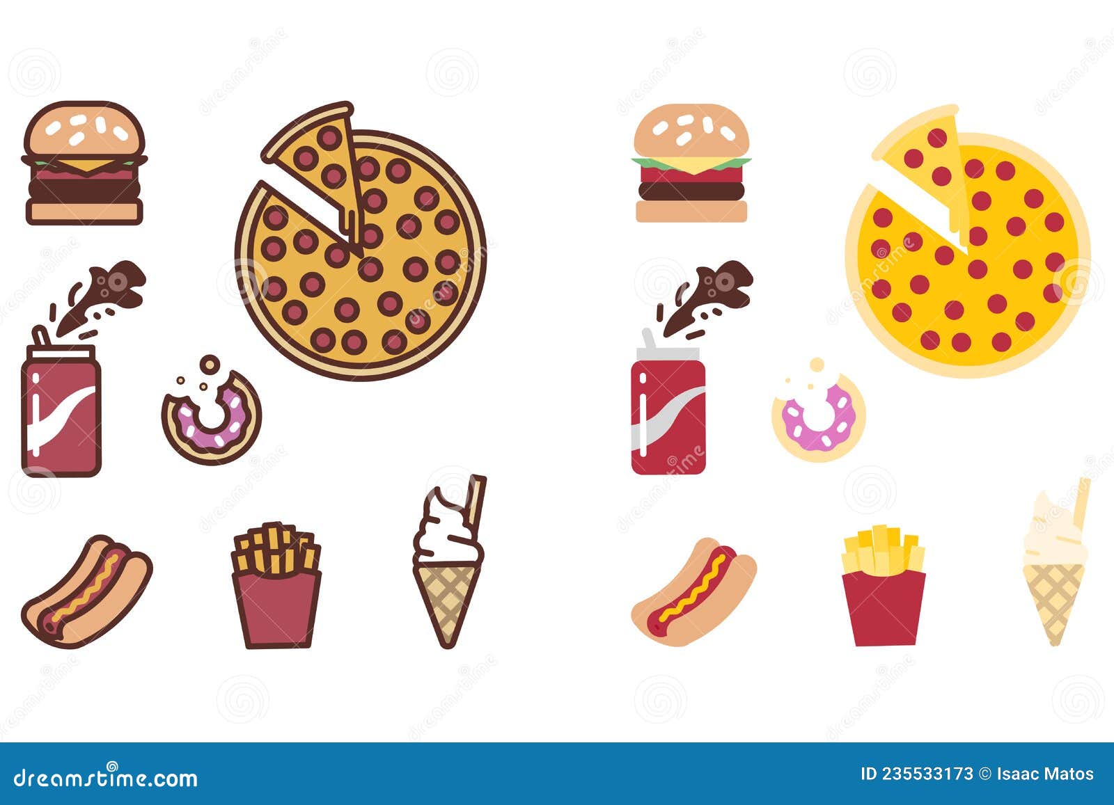 Junk Food. Set of Colorful Fast Food Icons. Hamburger, Pizza, Soda ...