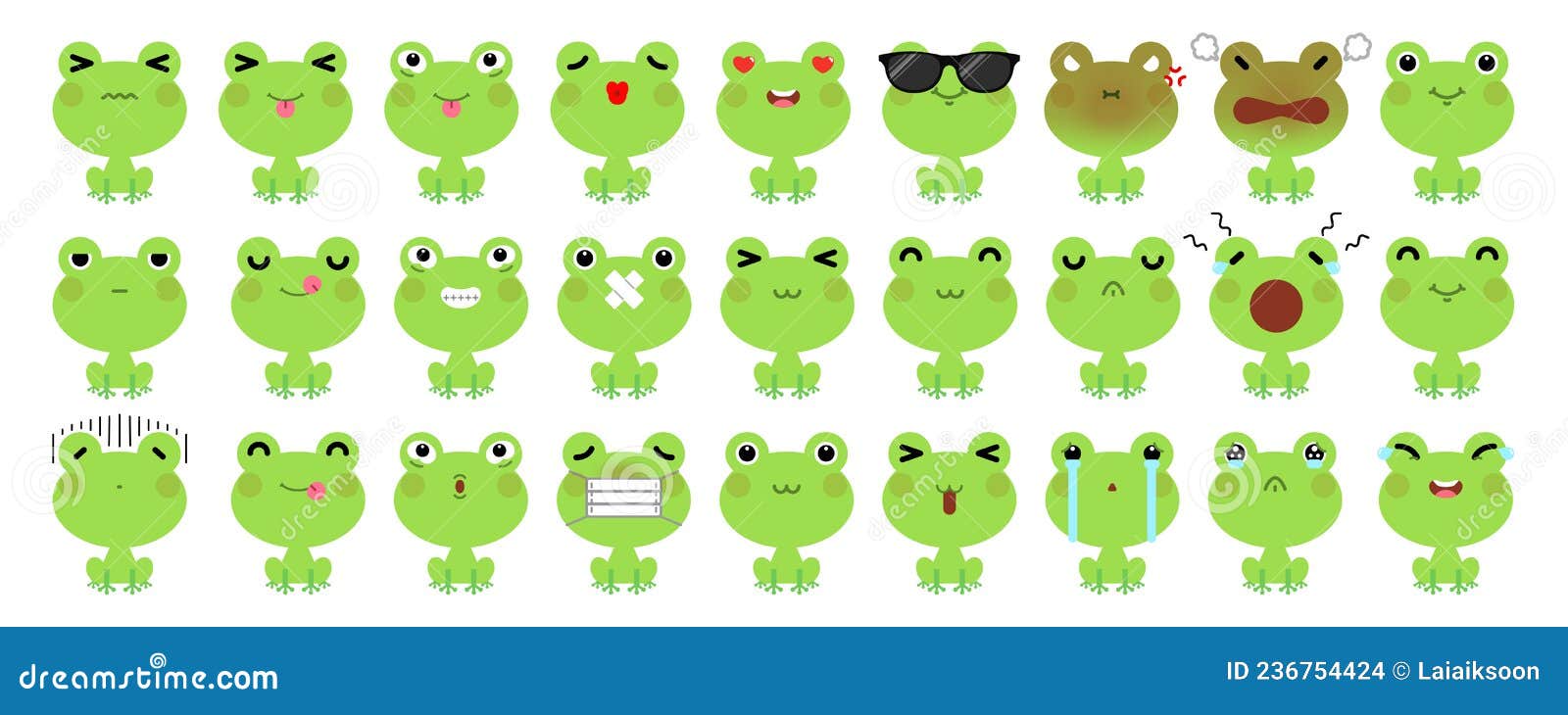 Set of Cute Cartoon Green Frog Emoji Isolated on White Background Stock