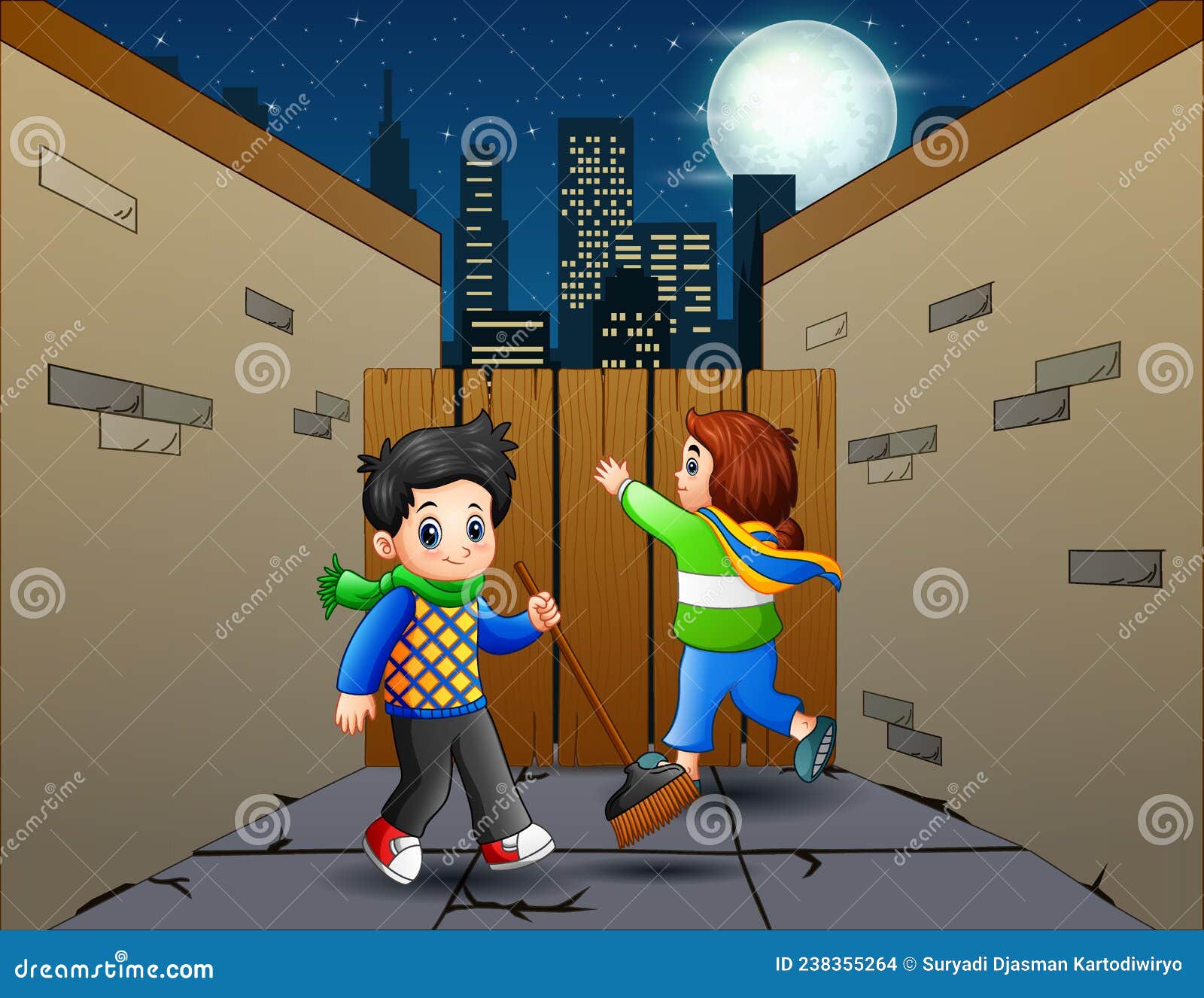 Cartoon Boy Sweeping the Street at Night Stock Vector Illustration of