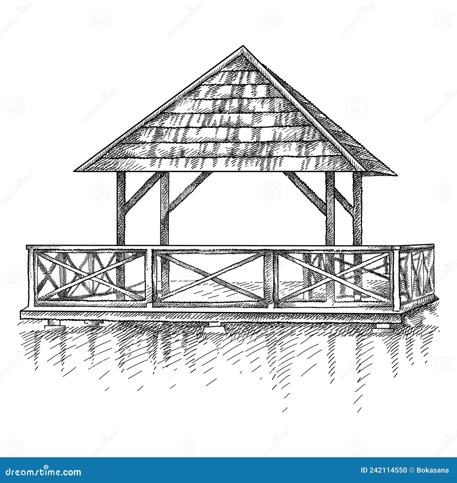 Handdrawn Sketch of Wooden Gazebo or Pergola on the Water in Black