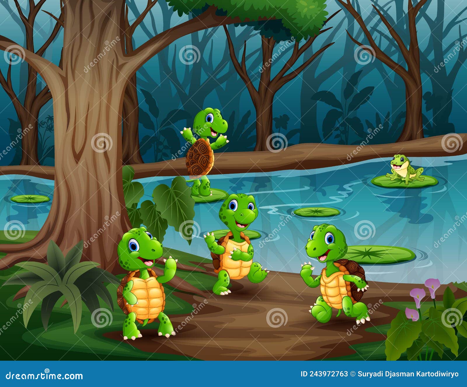 Cute cartoon turtles and frogs playing in the river illustration