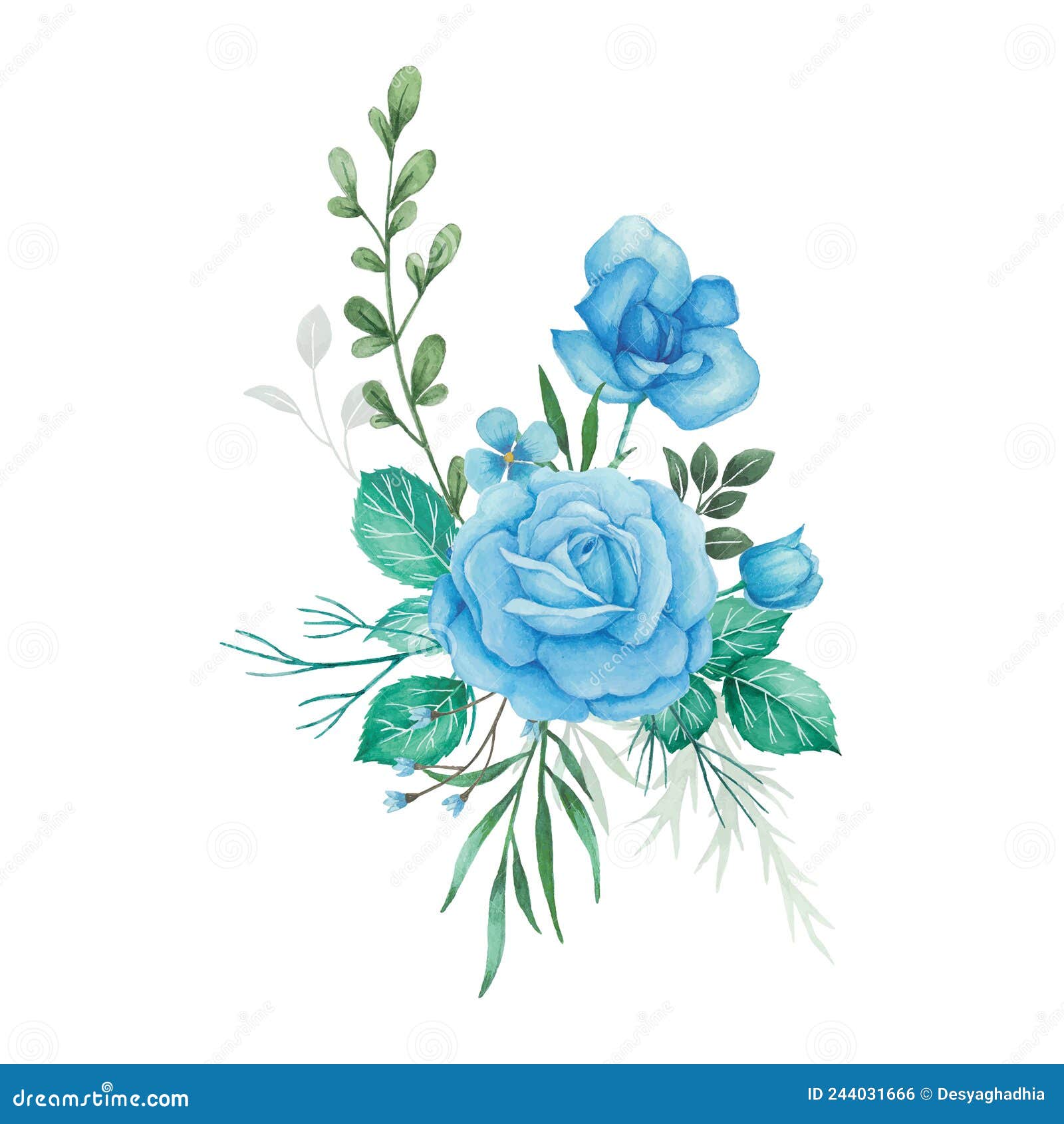 watercolor flowers bouquet and arrangement with blue roses and green leaves
