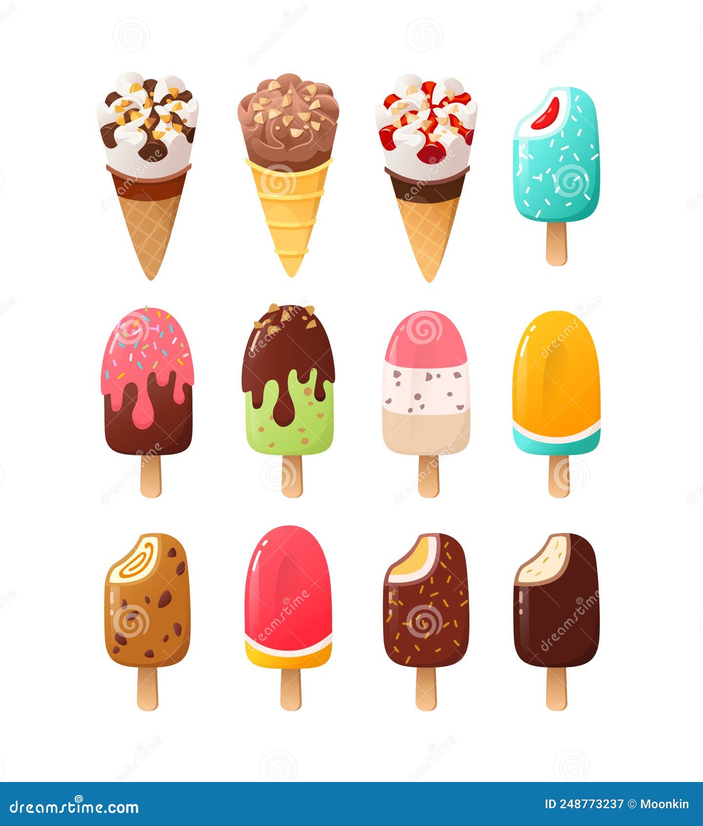 Cartoon Ice Cream and Popsicles with Various Flavours, Icings, Toppings