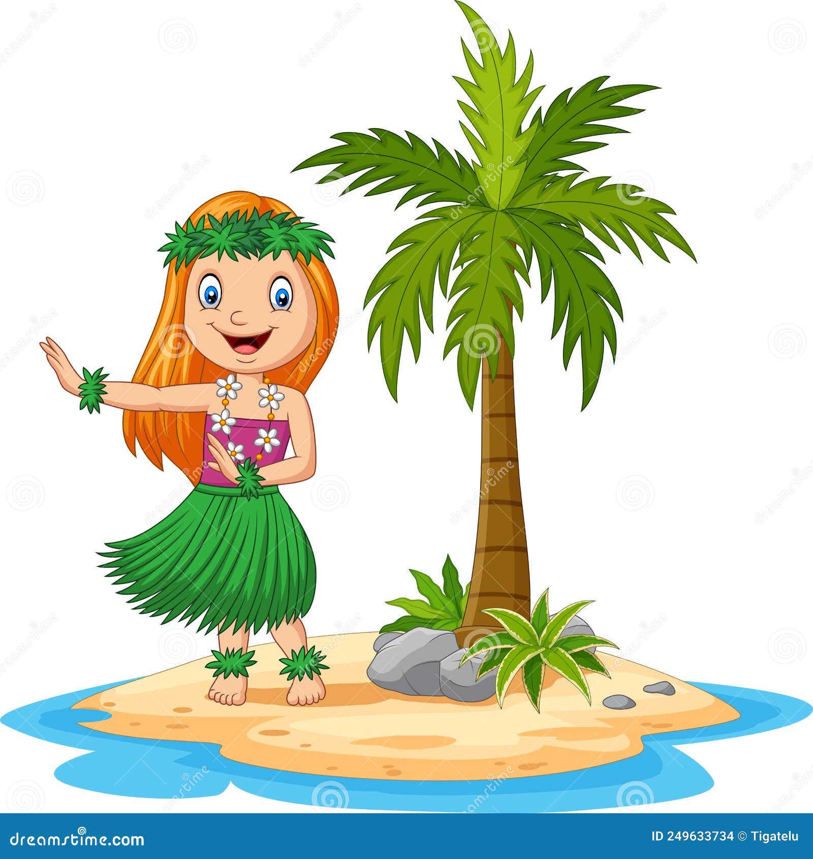 Hawaiian Girl In Grass Skirt Dancing And Hibiscus Flower In Her Hair Vector Illustration On A