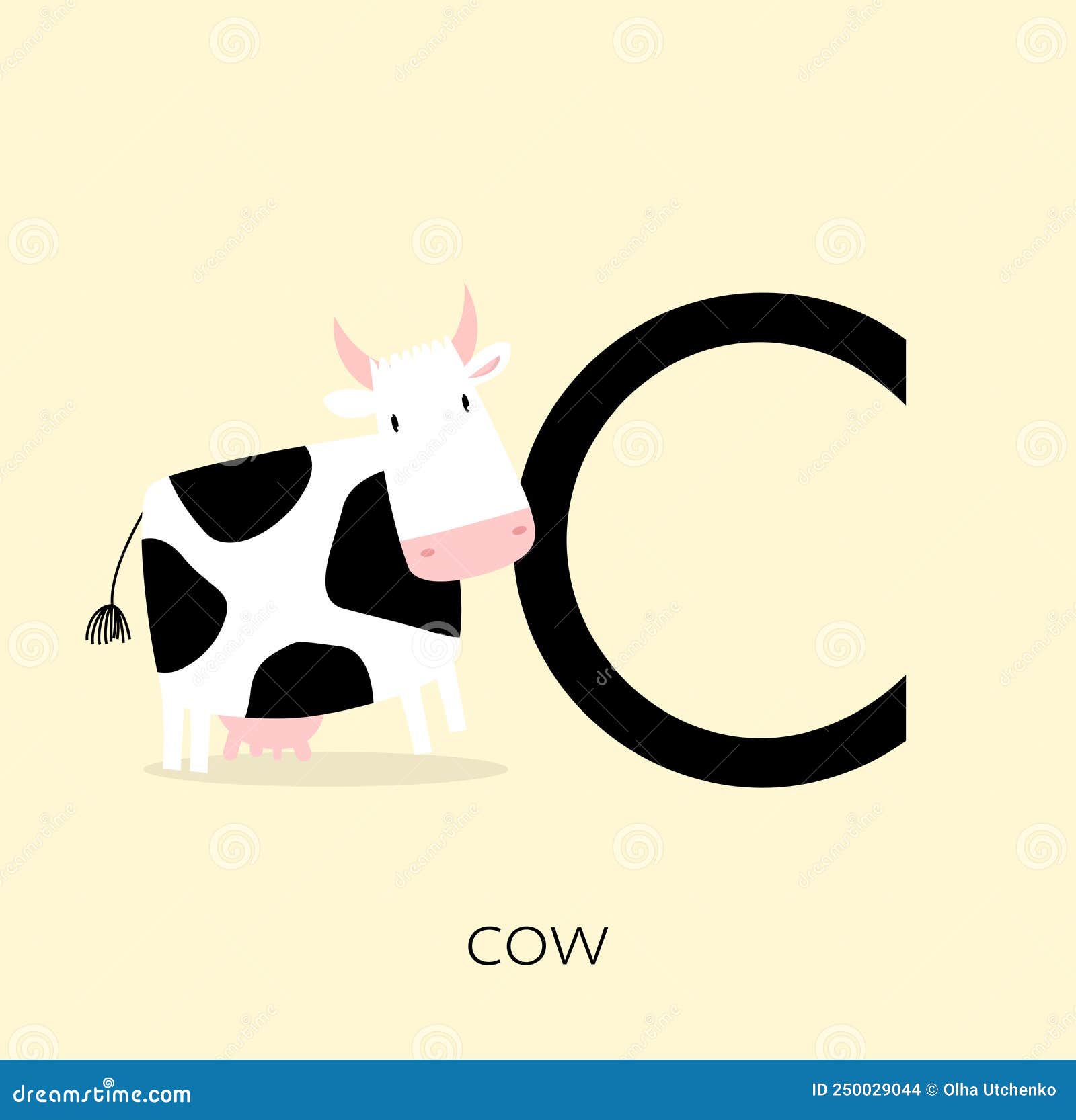 Print. Card Letter `C` with Cow. Learning the English Alphabet. Stock