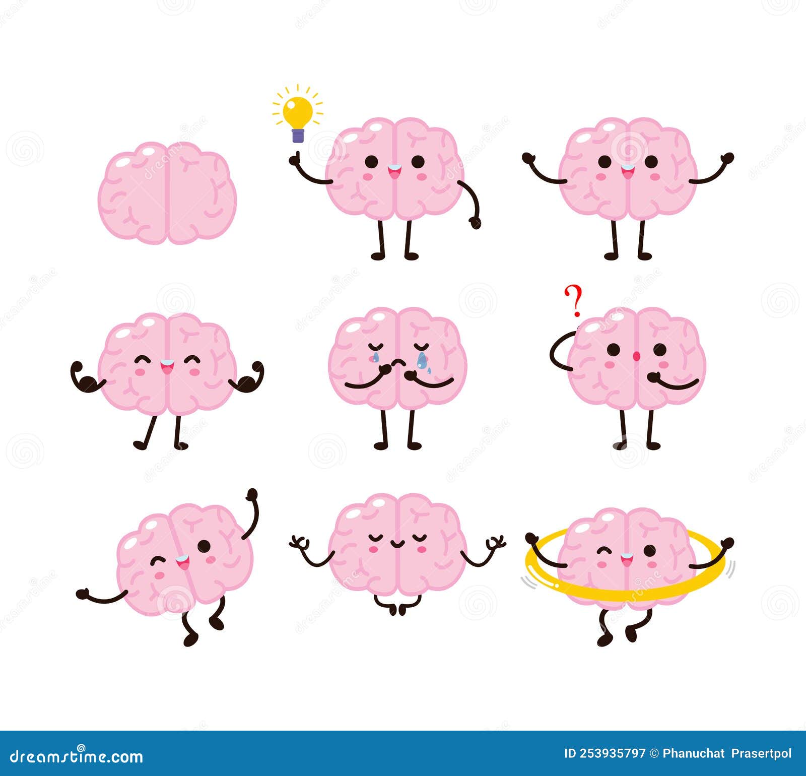 Set of Collection Cute Funny Human Brain Character Cartoon Vector ...