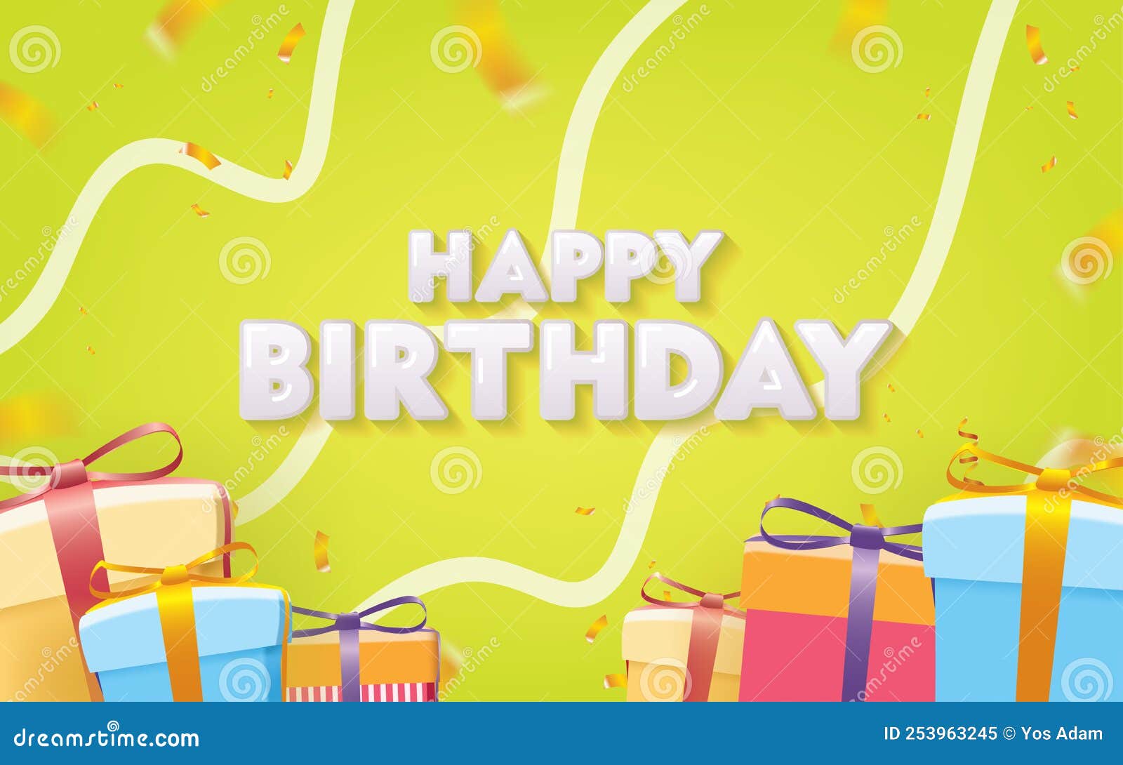 Green Happy Birthday with Gold Confetti and Gift Boxes Vector