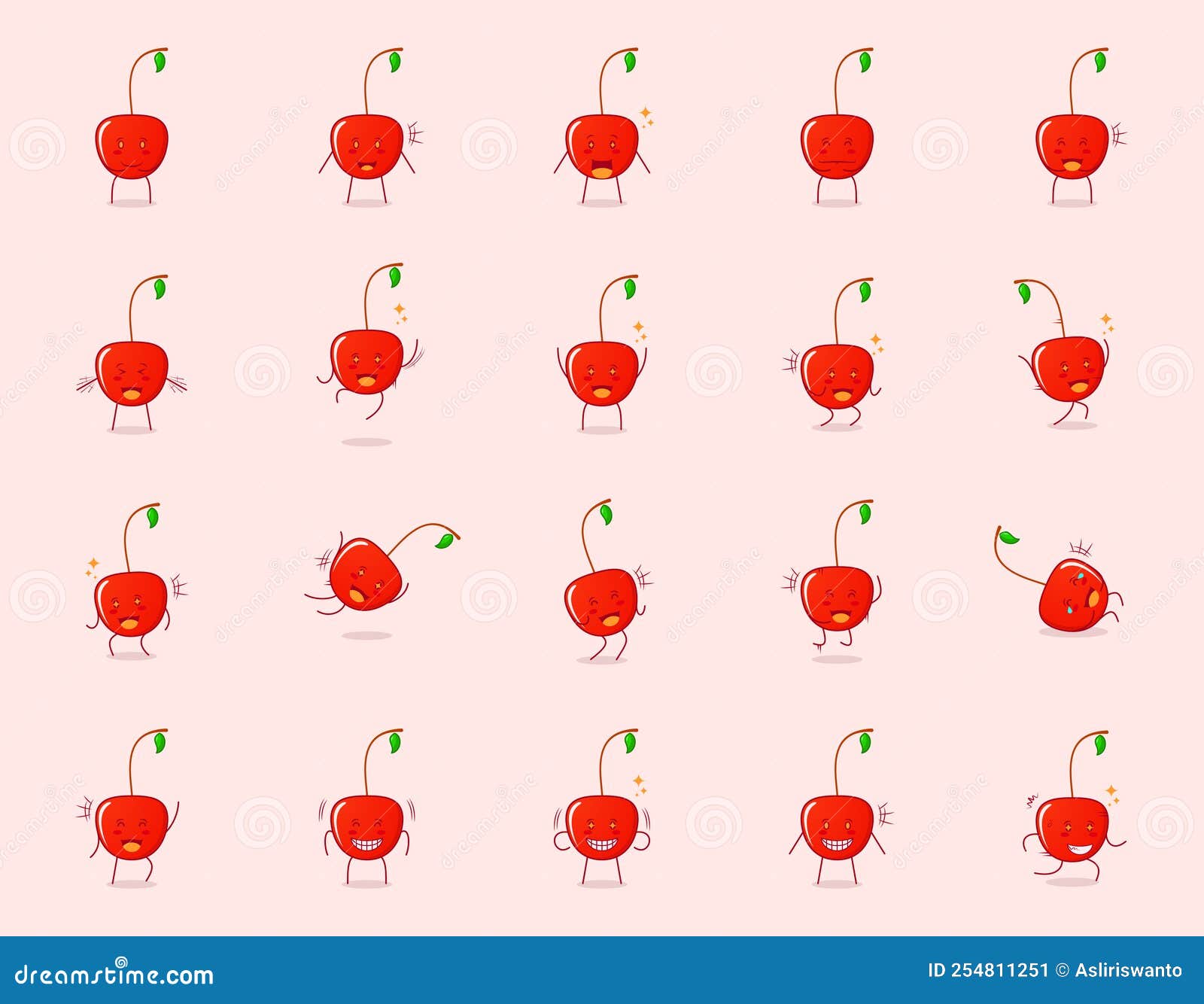 Collection of Cute Cherry Cartoon Character with Happy and Smile Expression Stock Vector