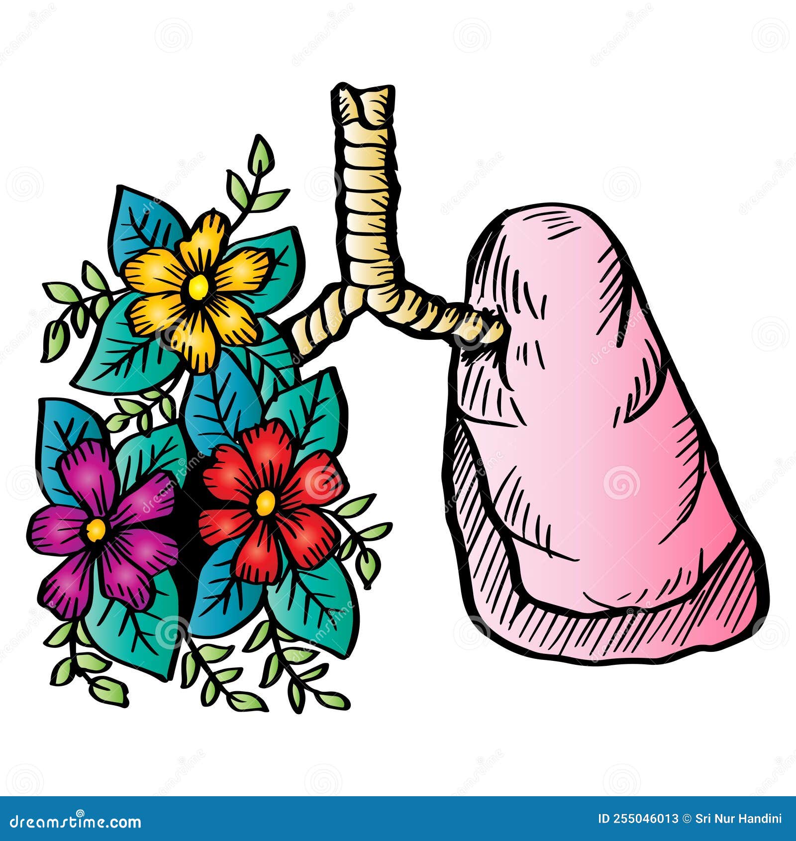 Lungs with Flowers Hand Drawing Illustration. Stock Illustration Illustration of design, leaf