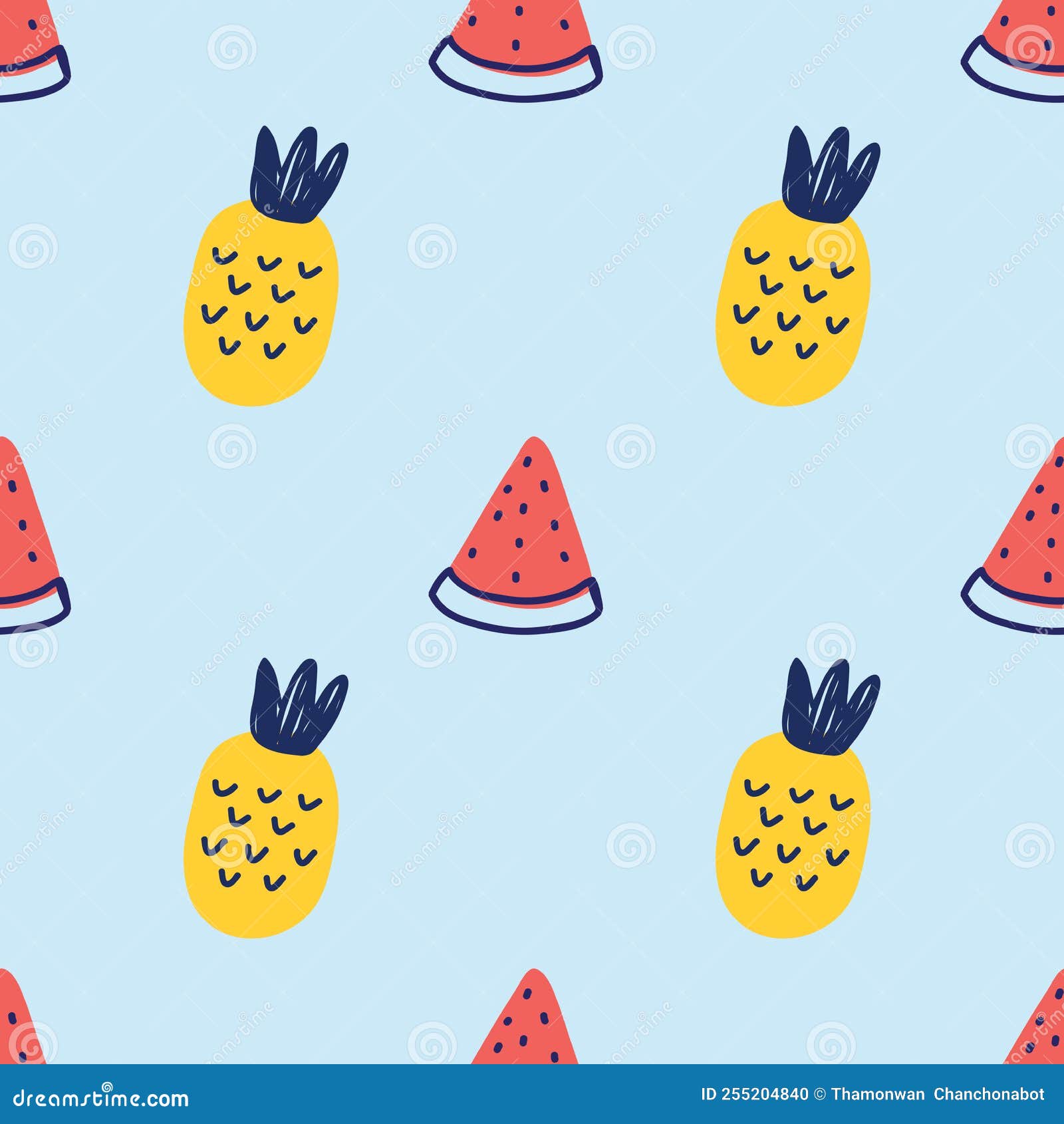 Cute Handraw Fruits Seamless Pattern Design Stock Vector Illustration