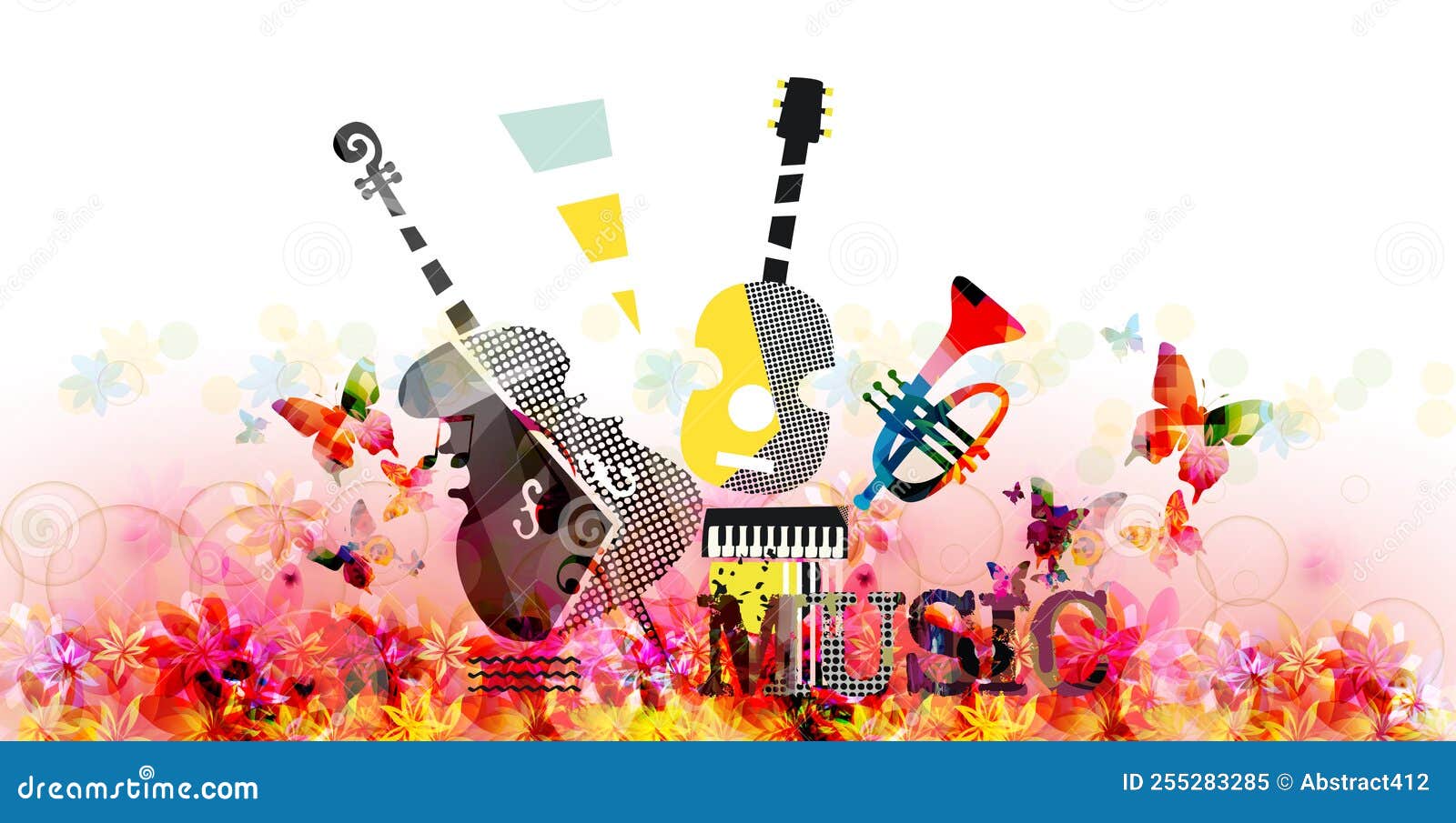 Stylish Musical Poster with Abstract Cello, Guitar, Trumpet and Piano