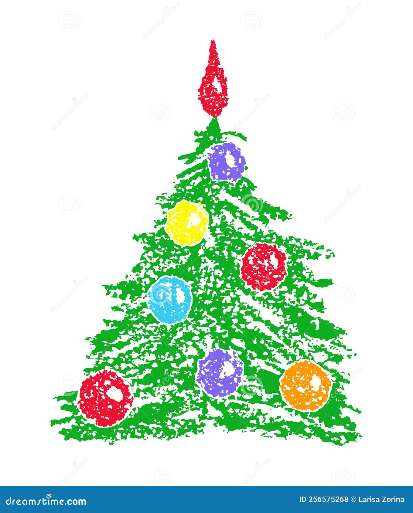 Christmas Tree with Balls. Like Kids Hand Drawing Vivid Bright Green