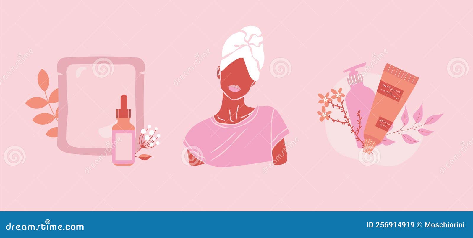 Pamper Routine Set with Skincare Elements Face Mask, Facial Cream, Face Mask Sheet. Girl with