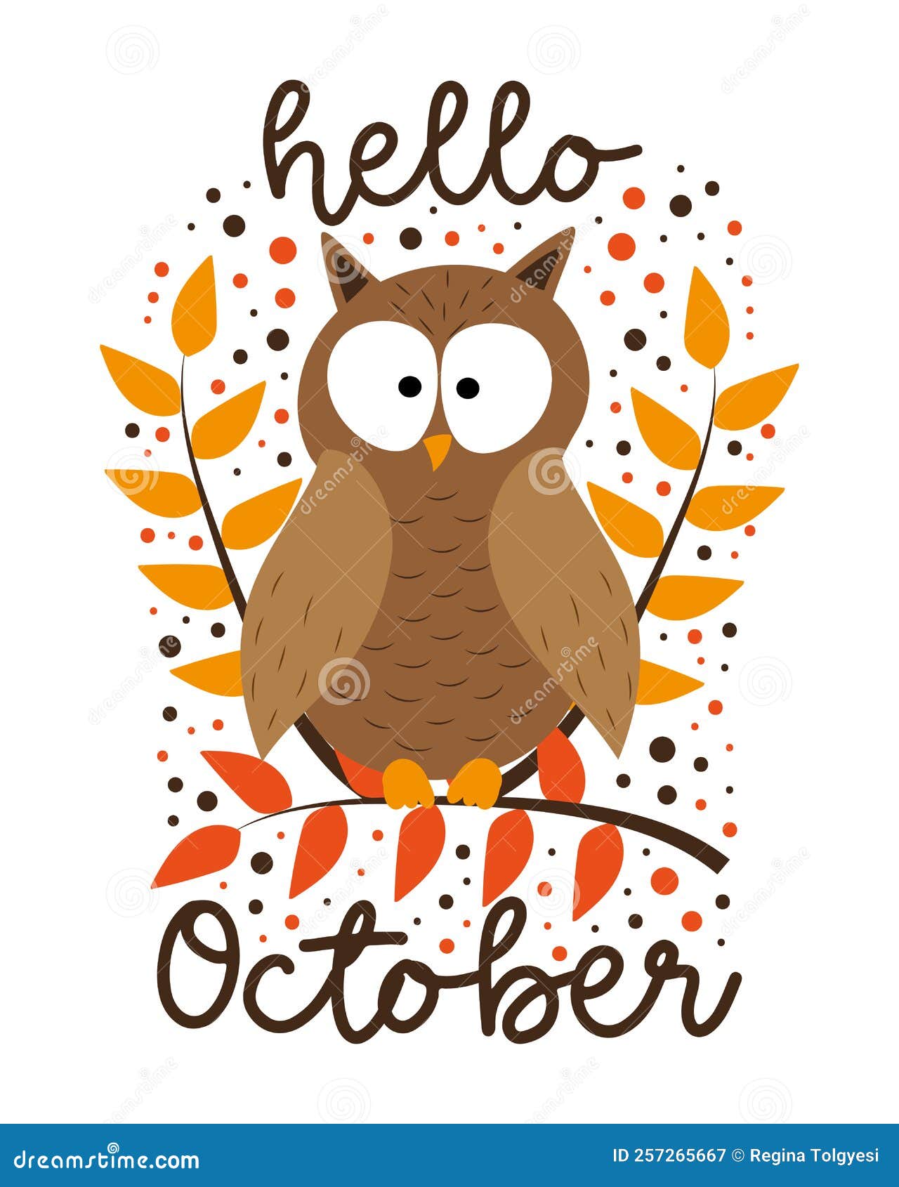 Hello October Autumnal Greeting With Owl On Branch Stock Vector