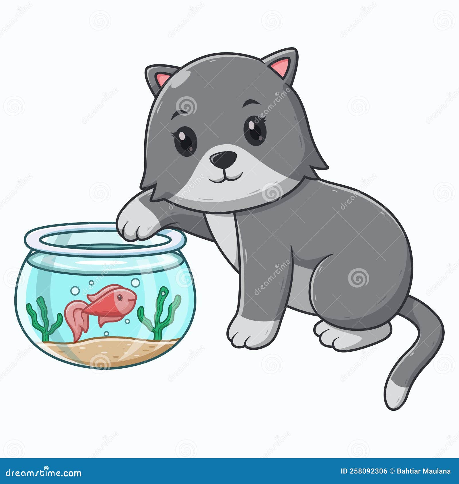 Cute Little Cat Playing with Fish. Animal Icon Concept. Flat Cartoon