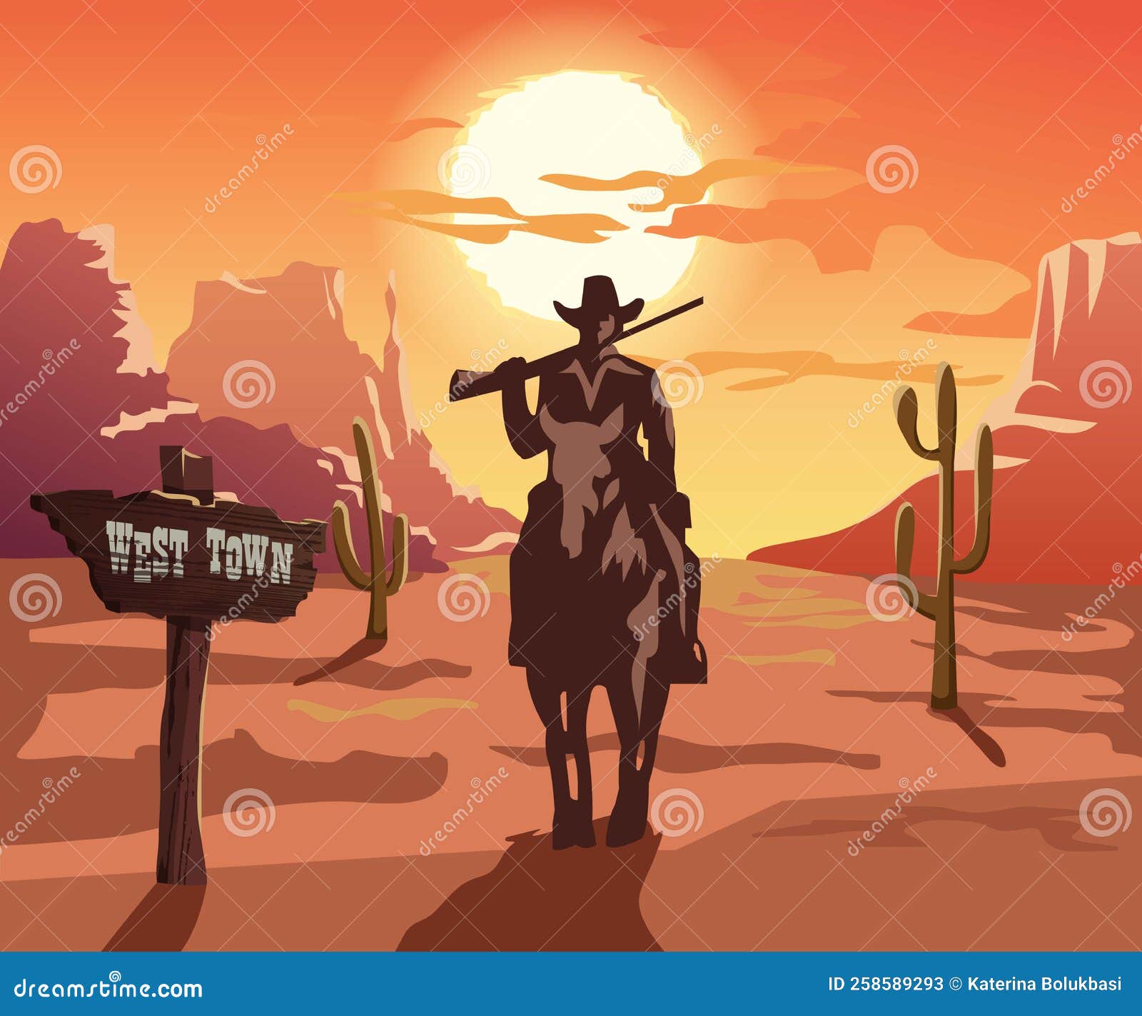 Cowboy Silhouette With A Gun On The Horse Old Town Western Style