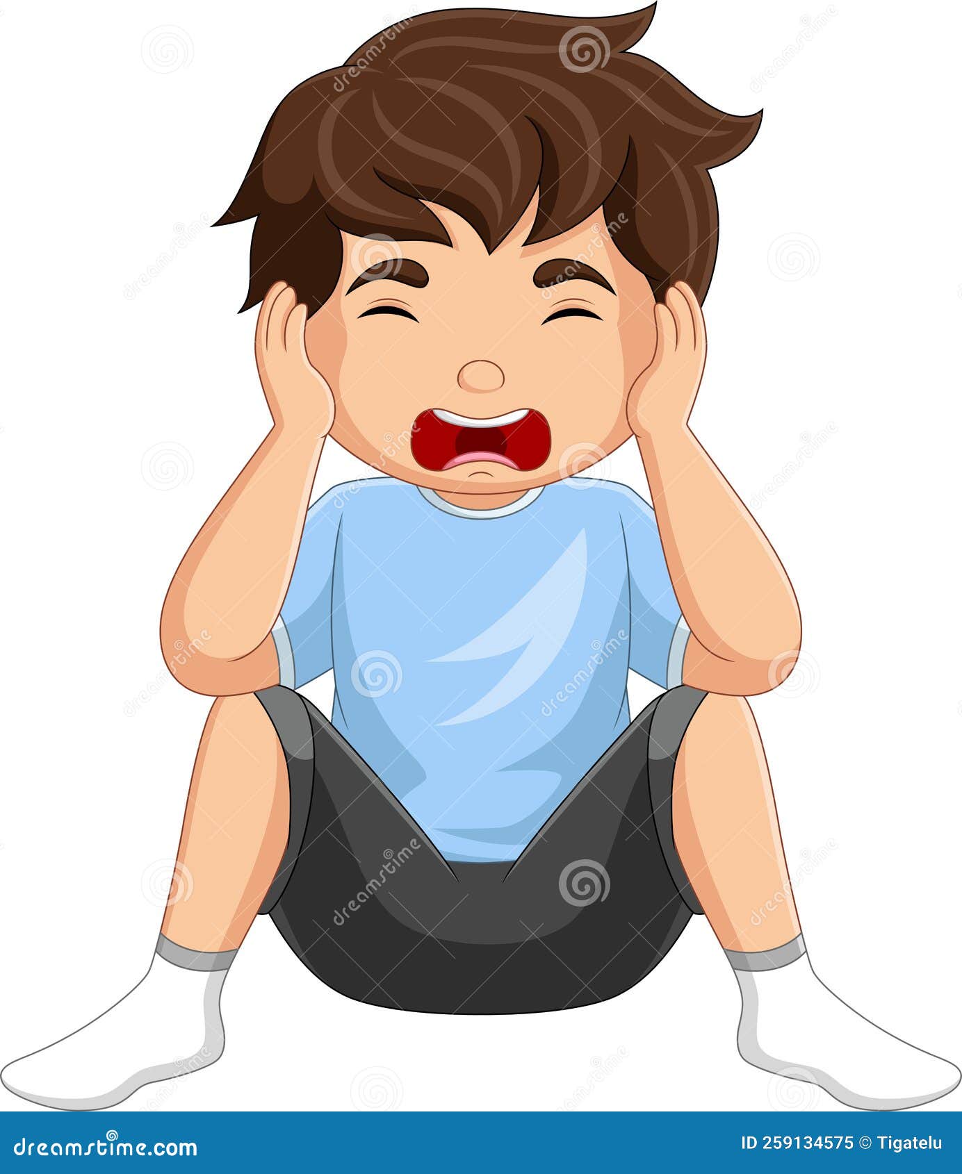 Cartoon Little Boy Sitting and Sad Expression Stock Vector