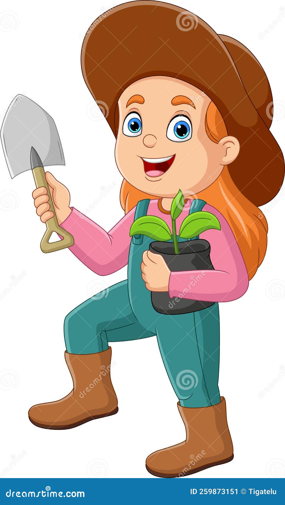 Cute Gardener Girl with Plants and Shovel Stock Illustration ...