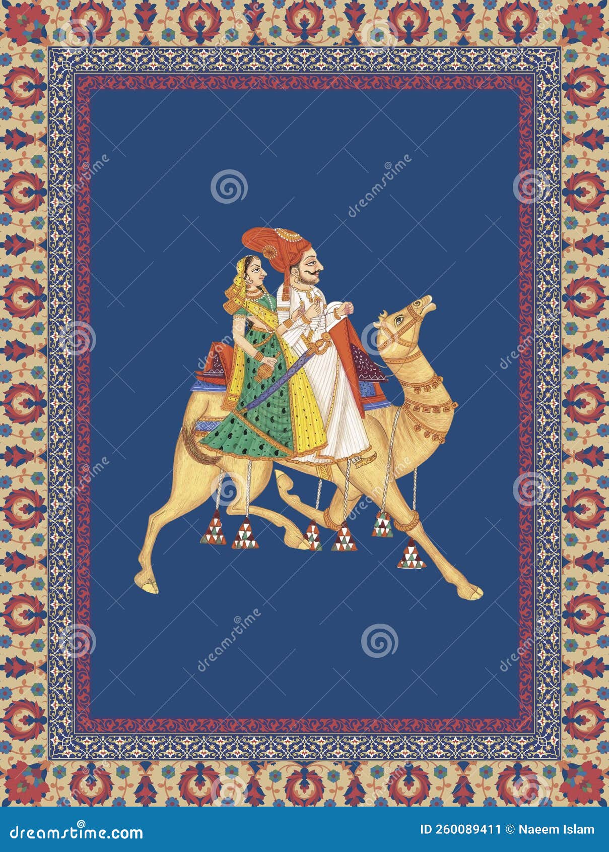 indian mughal emperor, queen with festive camel riding, adorned with regal accessories.   frame