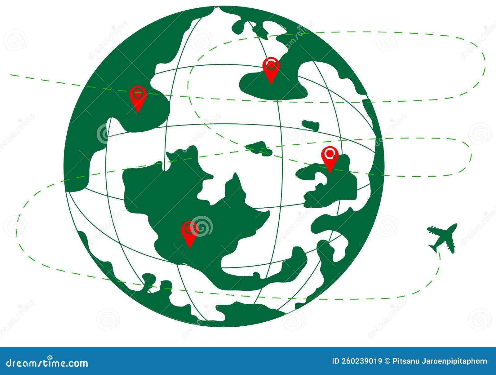 Green World Map with Dotted Lines and Planes Concepts, Exploration and Travel Around the World