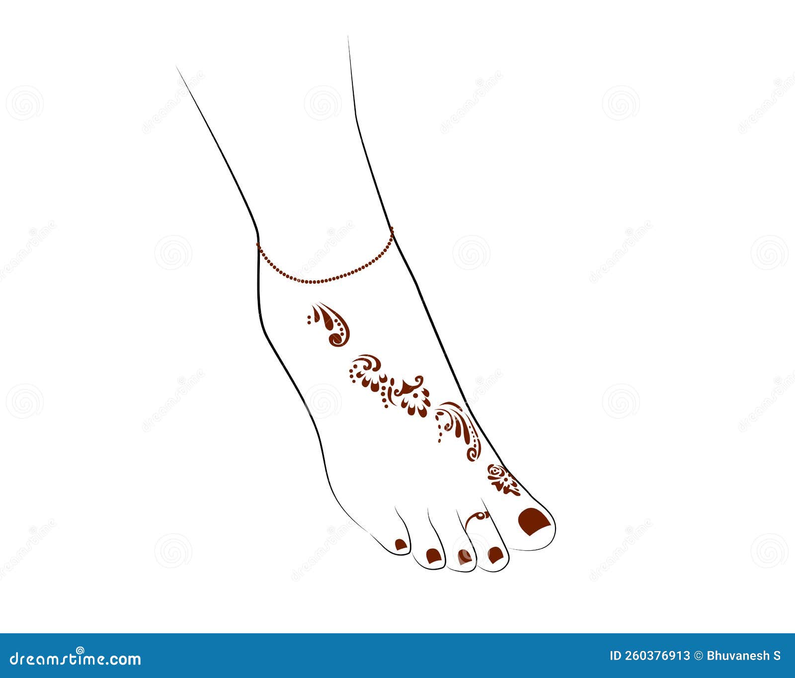 Indian Woman Feet Line Drawing with Mehendi Design, Toe Ring and Anklet ...