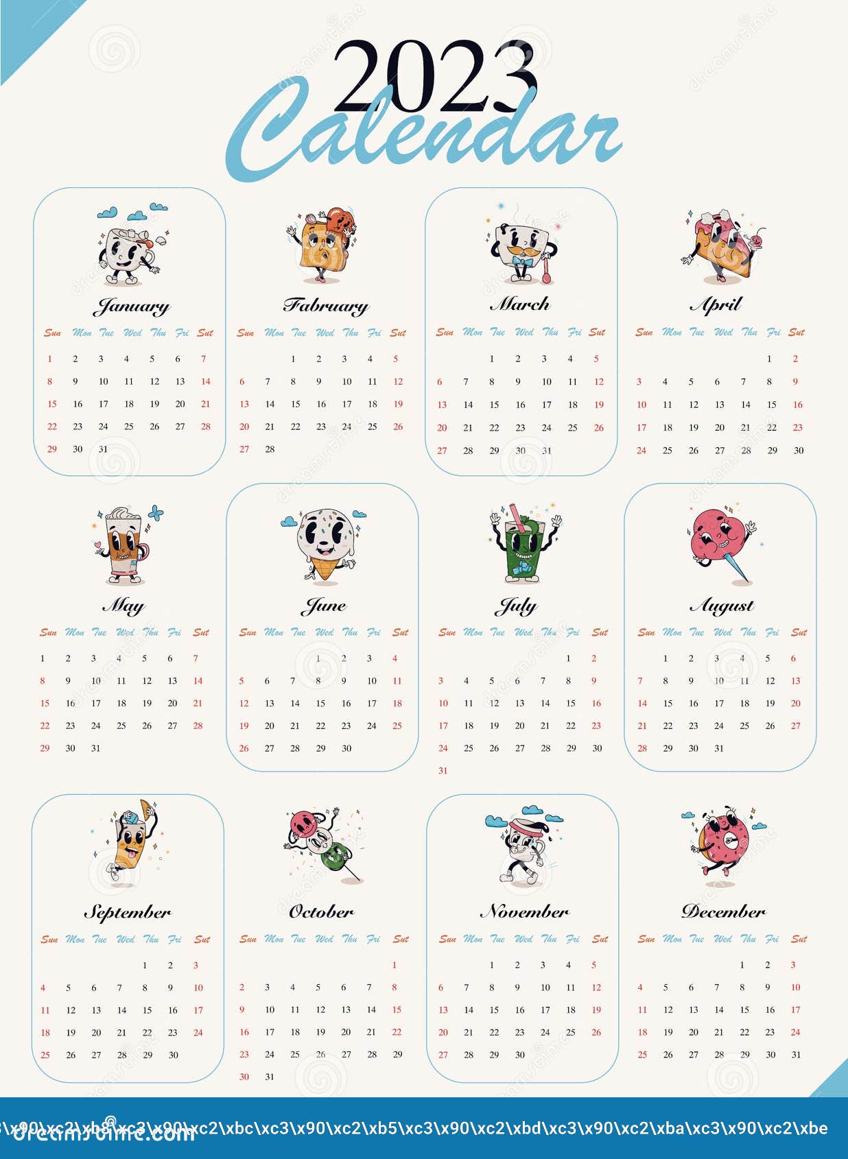 Wall Monthly Retro Cartoon Calendar 2023. Week Starts from Sunday. 12 ...