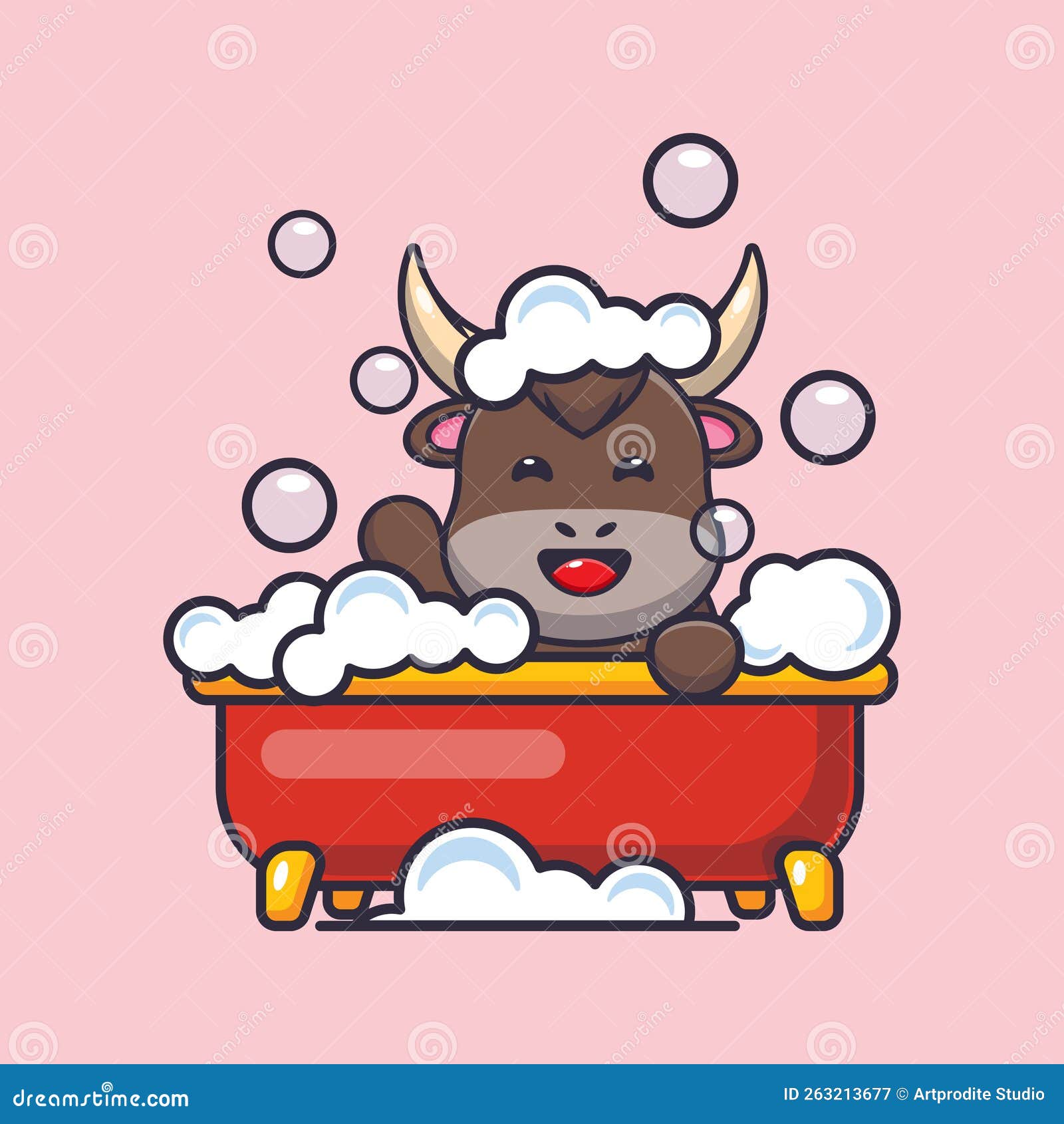 Cute Bull Taking Bubble Bath in Bathtub. Stock Vector Illustration of