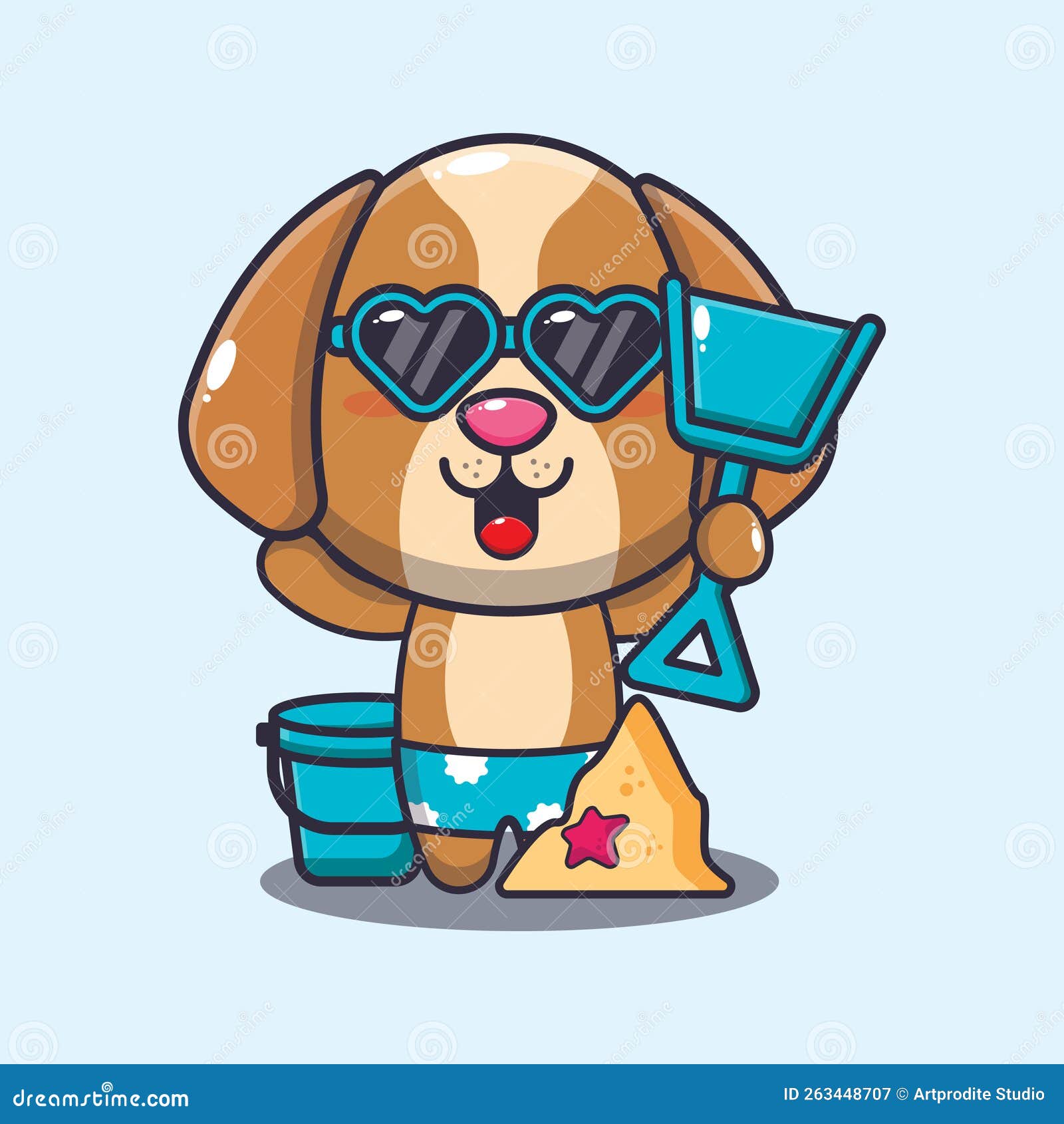 Cute Dog in Sunglasses Play Sand Beach Cartoon Illustration. Stock