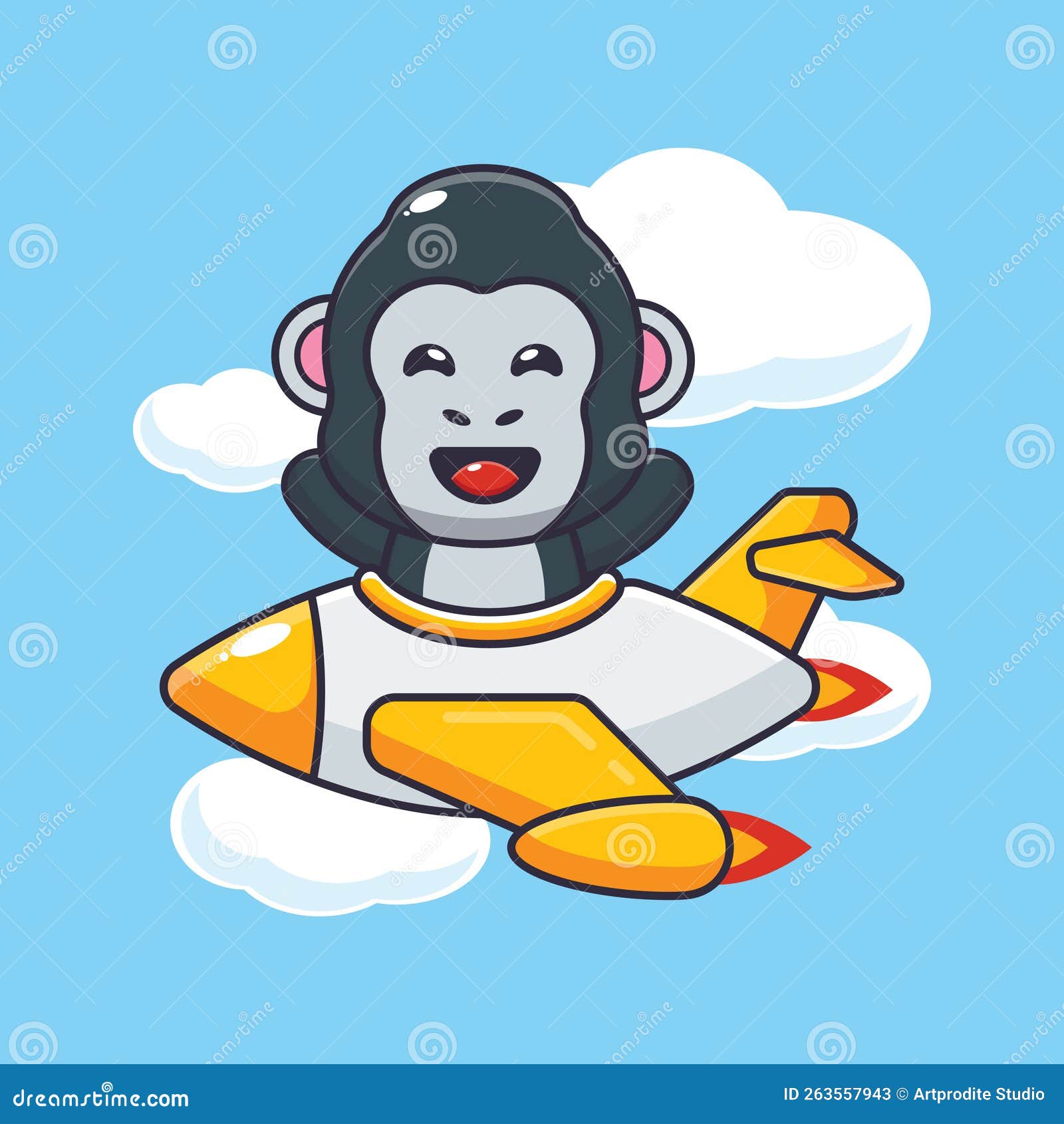 cute gorilla mascot cartoon character ride on plane jet.