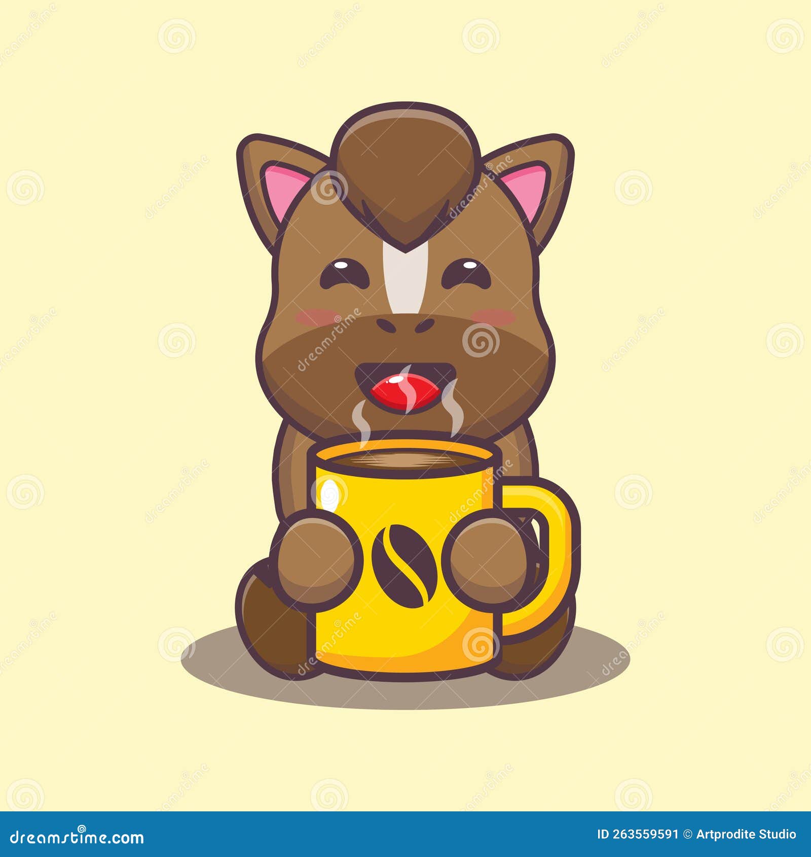 Cute Horse with Hot Coffee Cartoon Vector Illustration. Stock Vector