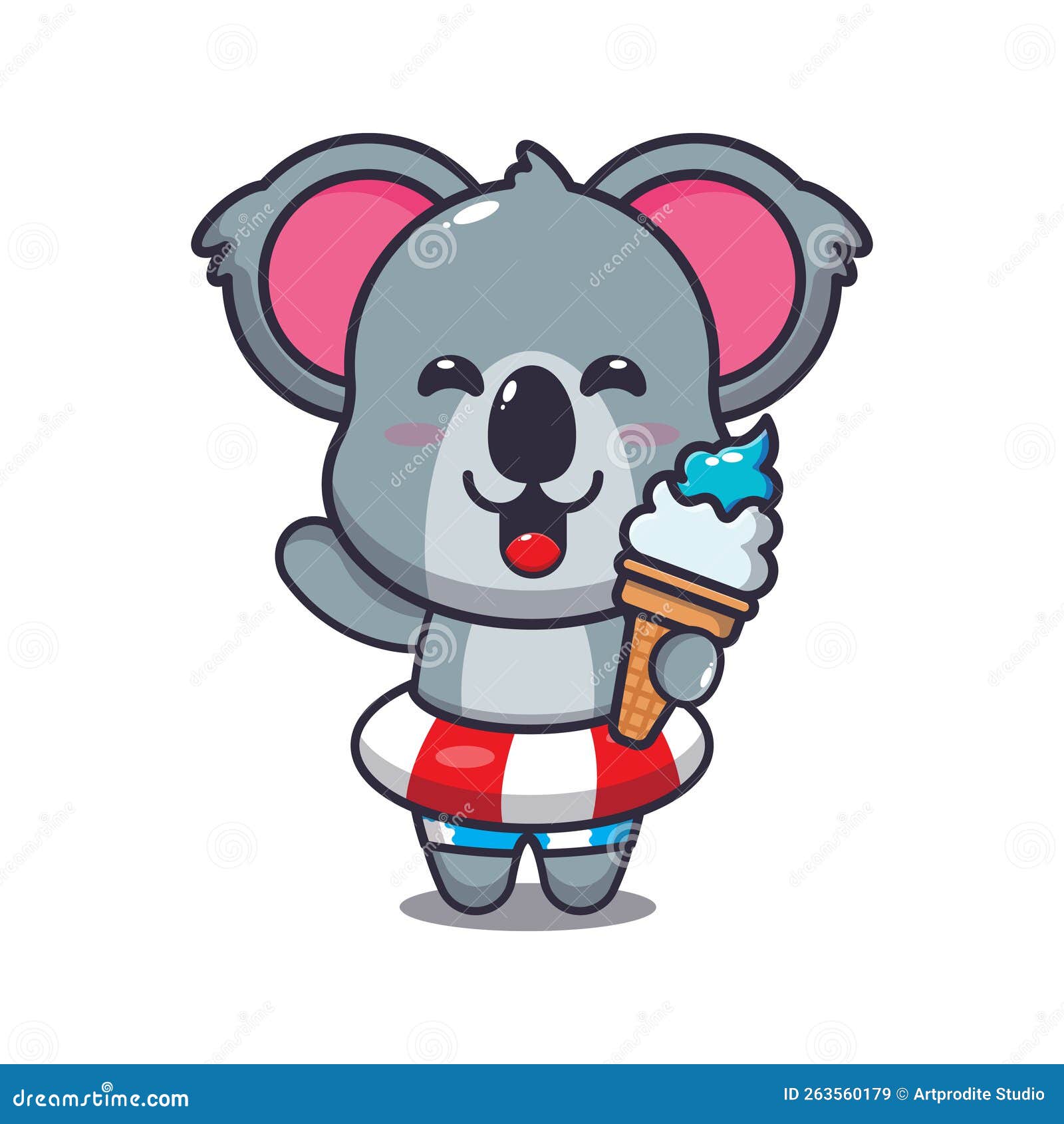 Cute Koala with Ice Cream on Beach Cartoon Illustration. Stock Vector