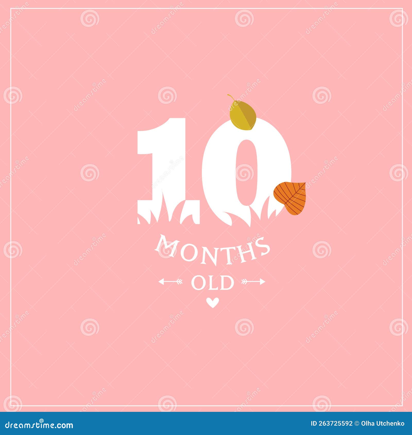 Print. Cute Vector Card `I`m 10 Months Old`. Pink Postcard for a Photo