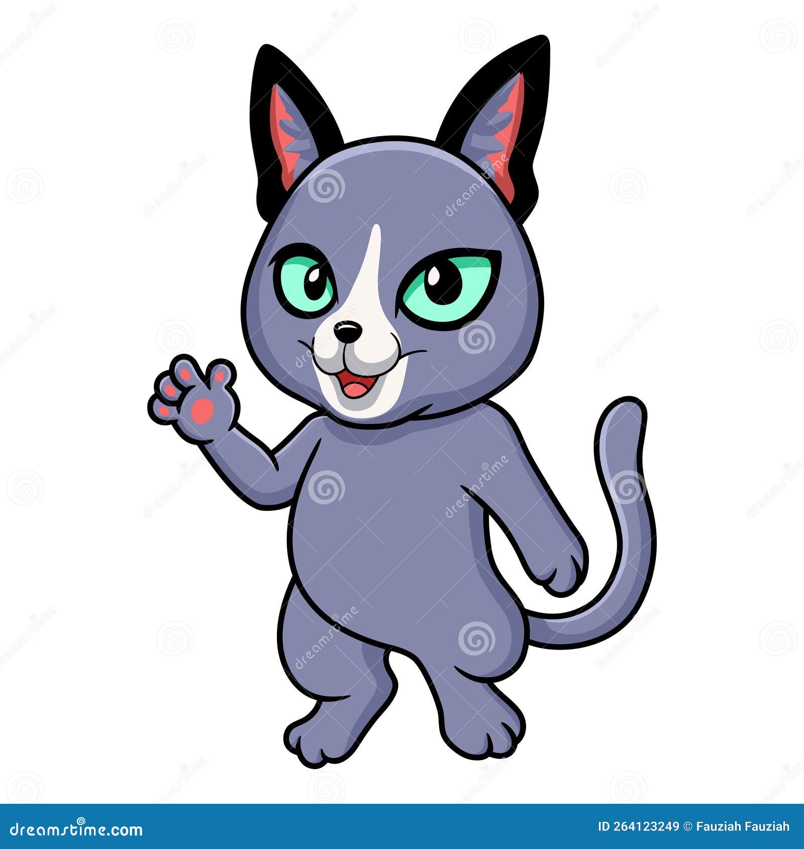 Cute Russian Blue Cat Cartoon Waving Hand Stock Vector Illustration