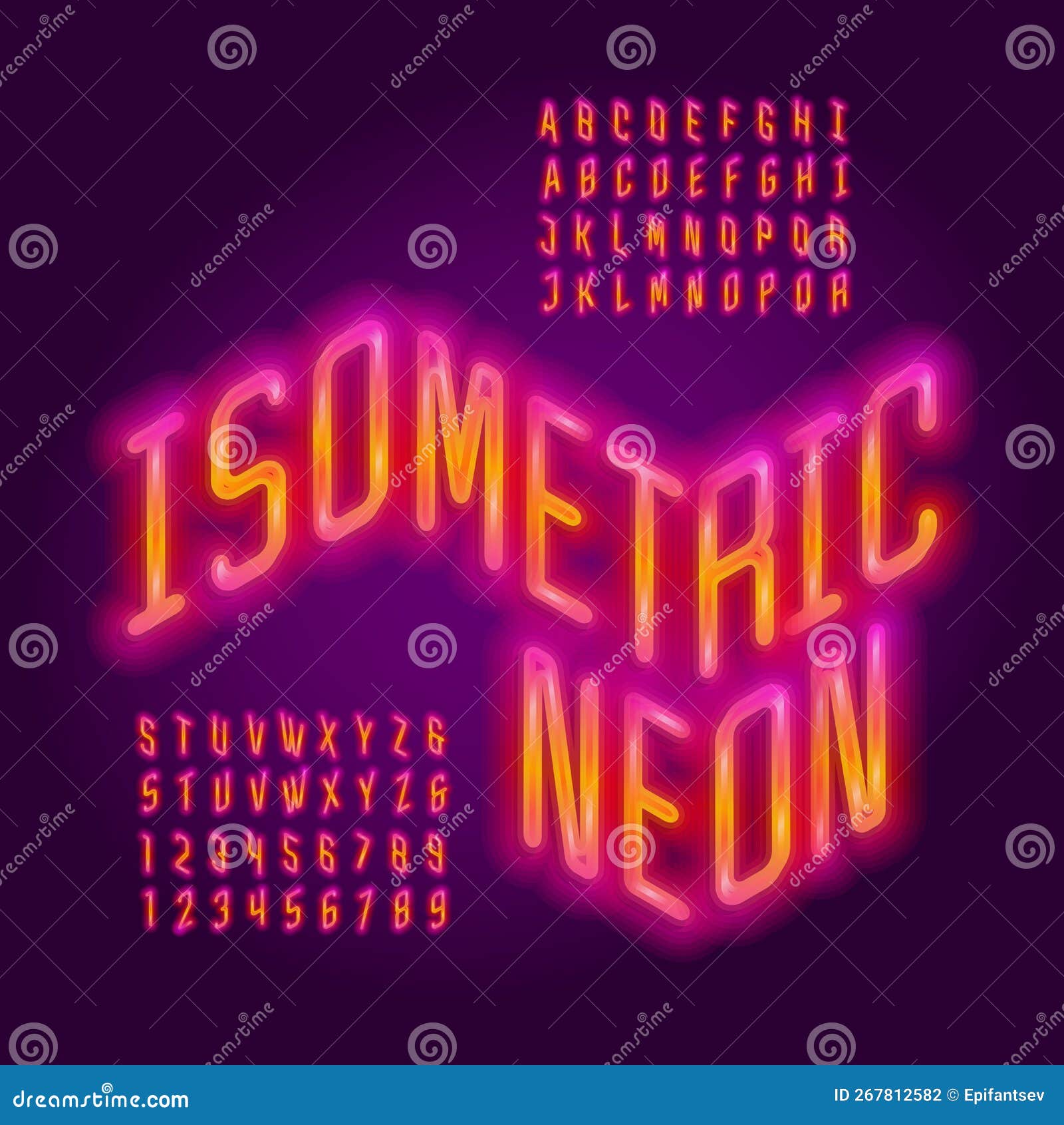 Isometric Neon Alphabet Font. Two Neon Colors Letters and Numbers Stock Vector Illustration of